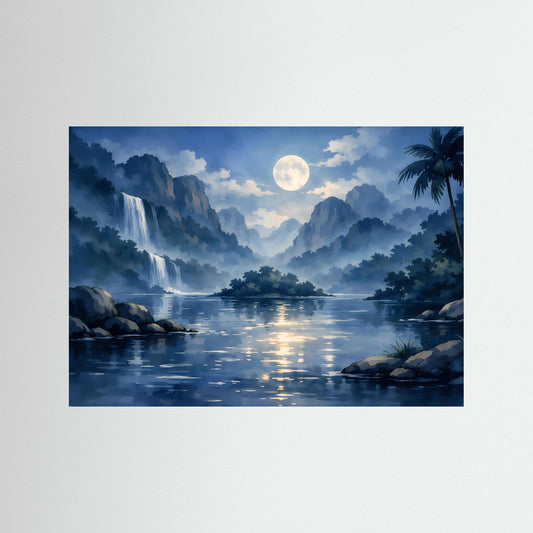 Querformatiges Naturposter mit Mond über tropischem See, Wasserfall und Palmen