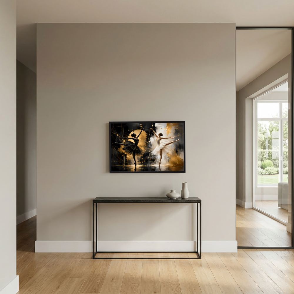 Gerahmtes Querformat-Poster: Balletttänzerinnen in Schwarz-Weiß mit goldenen Akzenten, schwarzer Rahmen