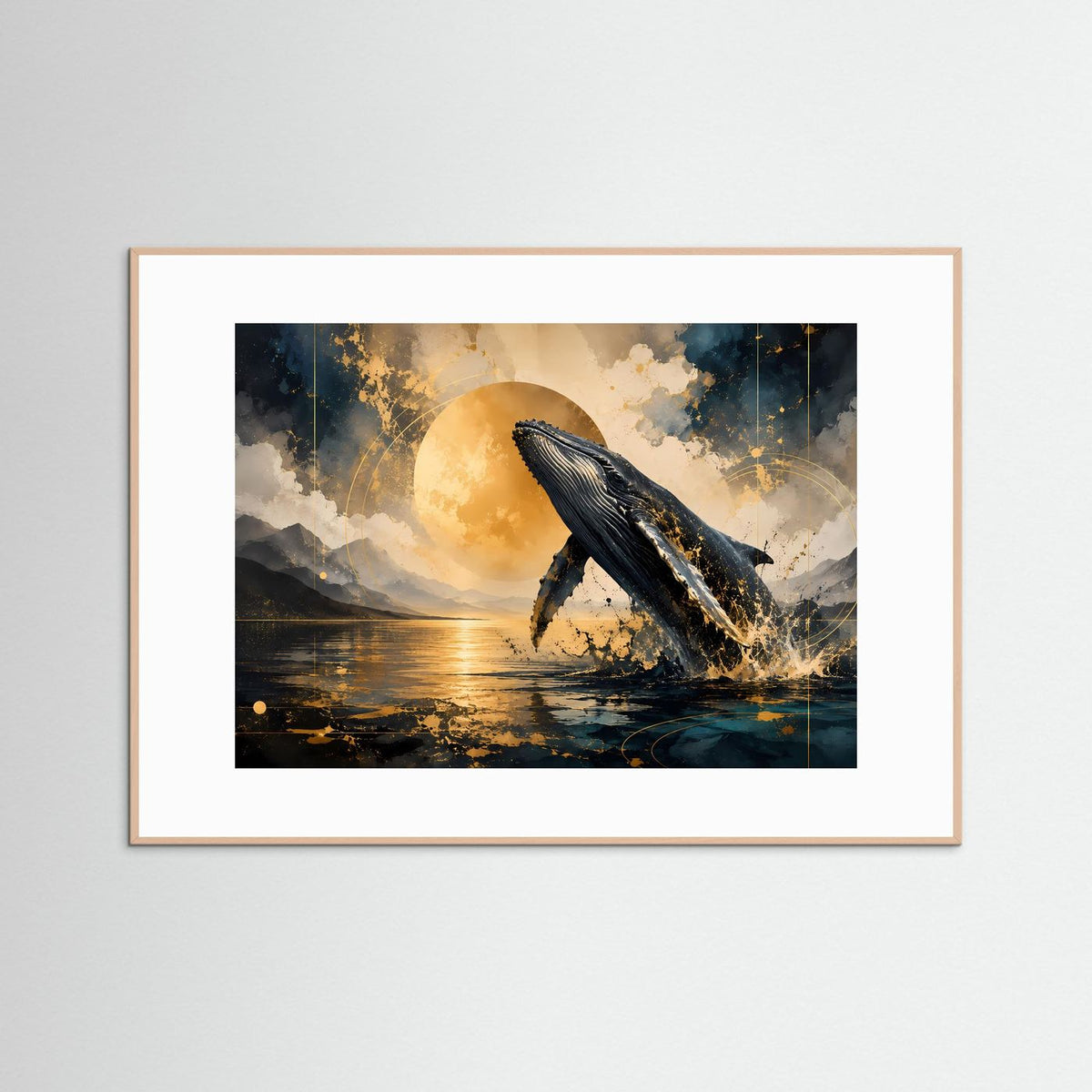 Querformat-Poster mit Buckelwal-Motiv, schwarzer Wal, Blau-Gold-Himmel, heller Holzrahmen