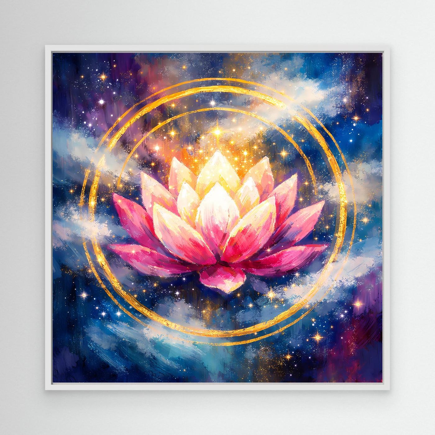 Wandbild mit Lotusblüte, goldenen Kreisen und Sternen im Kosmos, weißer Rahmen