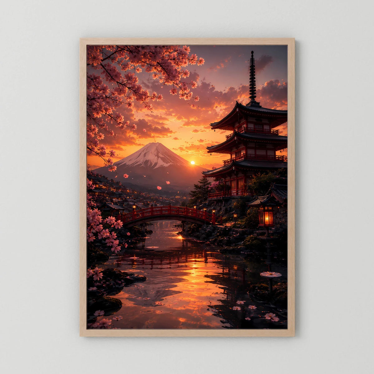 Hochformatiges Poster mit hellem Holzrahmen, Motiv japanischer Tempel bei Sonnenuntergang