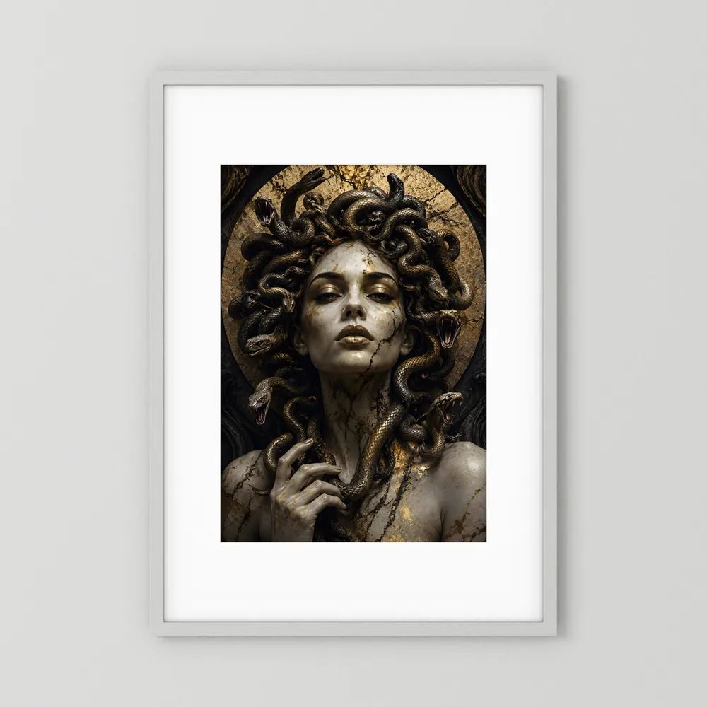 Hochformatiges Poster mit Medusa-Porträt in Schwarz und Gold im weißen Rahmen