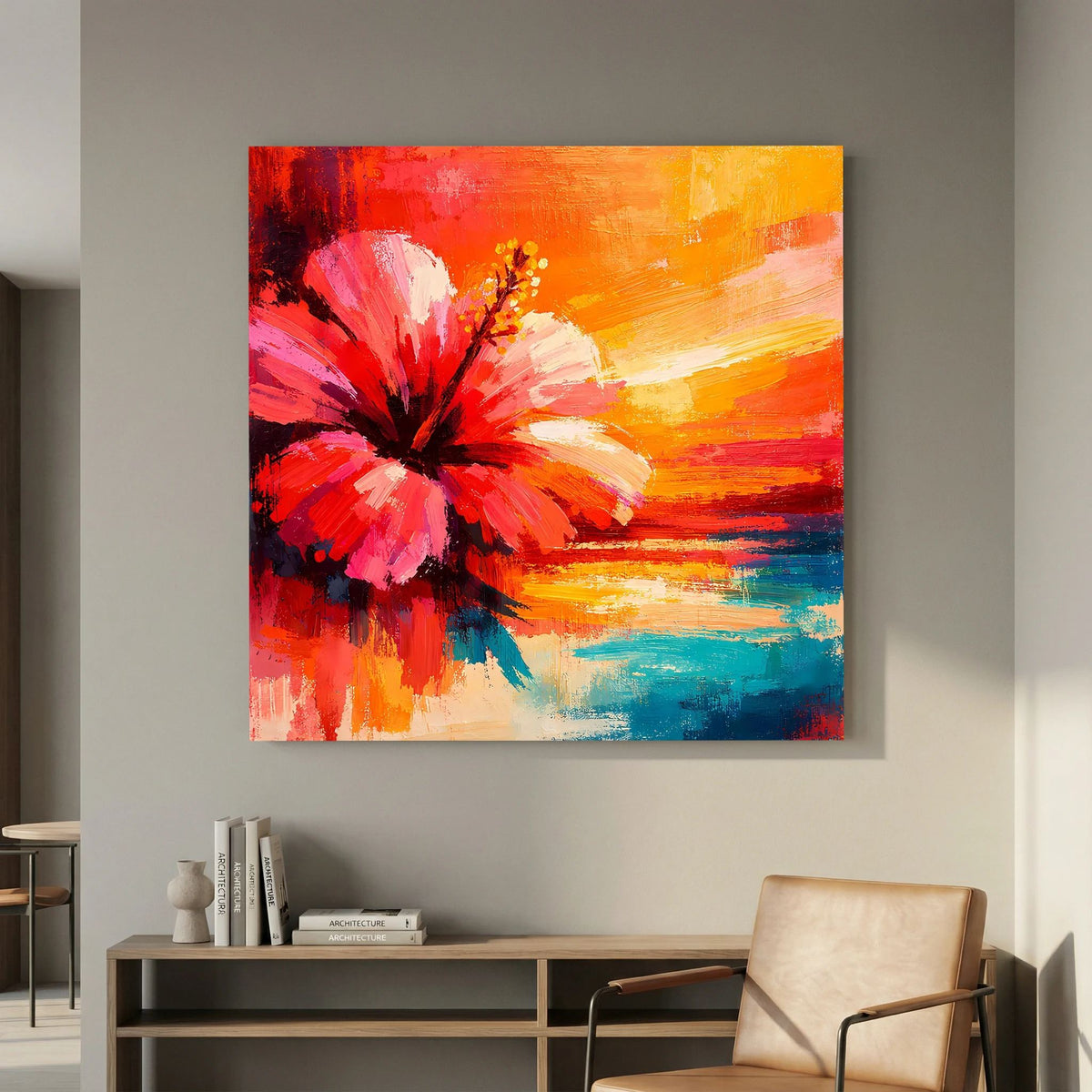 Hibiskusblüten-Abstraktbild auf Leinwand an hellen Wänden, rote Blüte, orange und blau