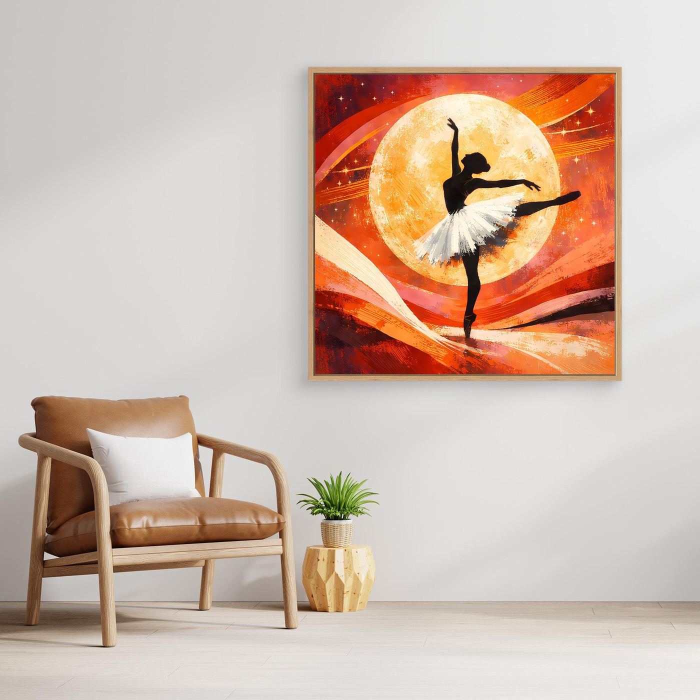Leinwandbild mit tanzender Ballerina vor großem gelbem Vollmond, abstrakt in Orange-Rot