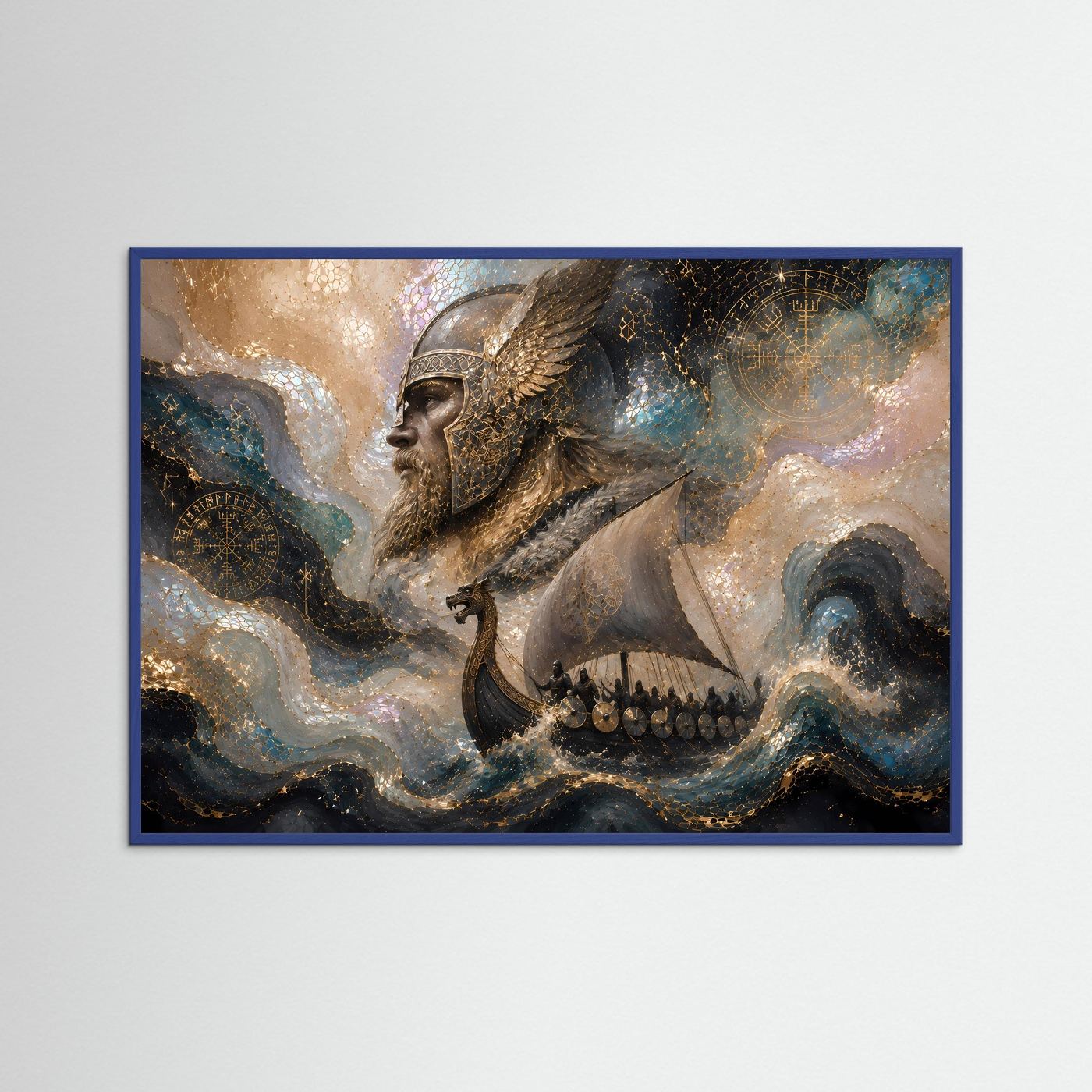Querformat-Poster im blauem Rahmen: Wikinger im Drachenboot, goldene Wellen im Bild