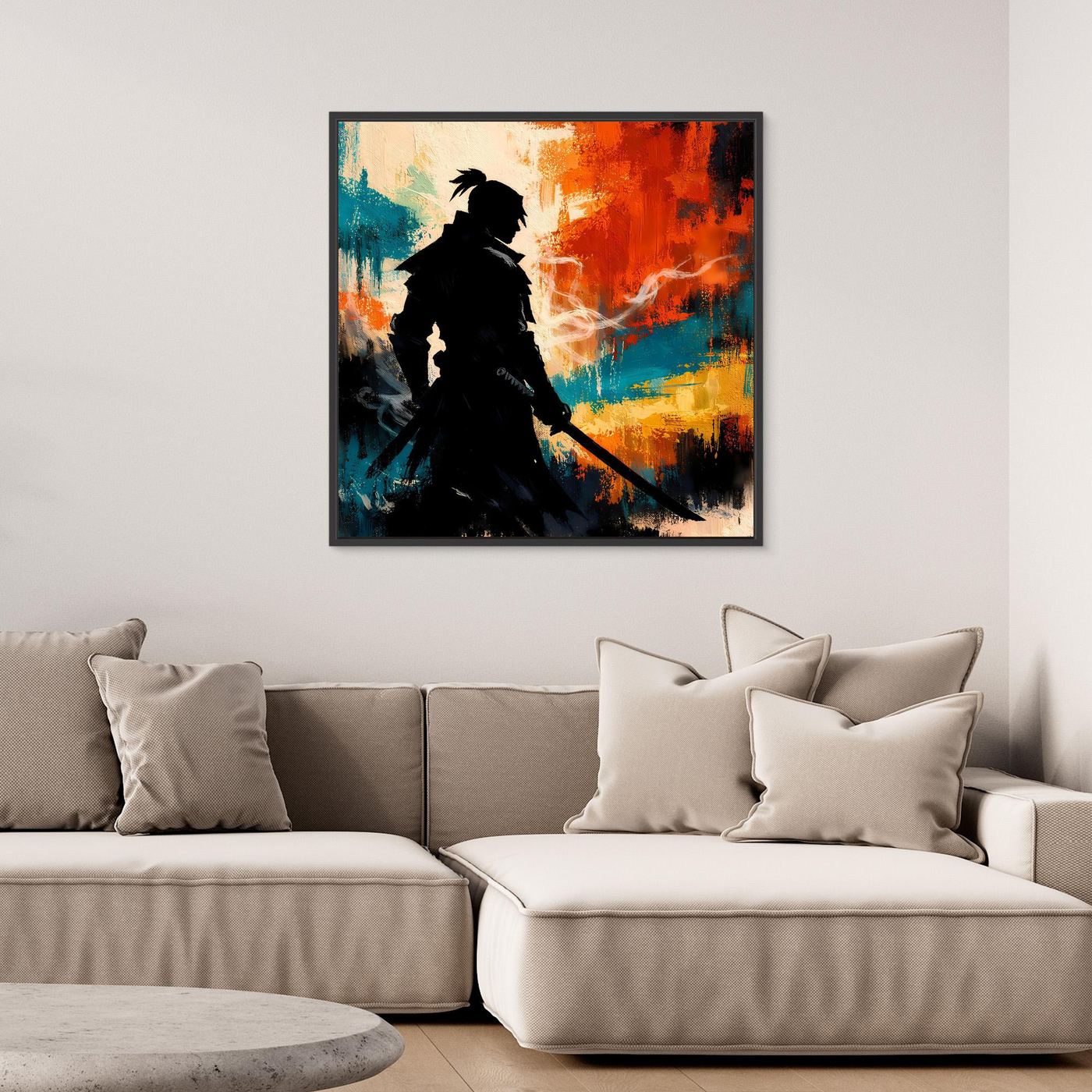 Gerahmtes Leinwand-Wandbild mit schwarzem Samurai und bunten, abstrakten Farbflecken