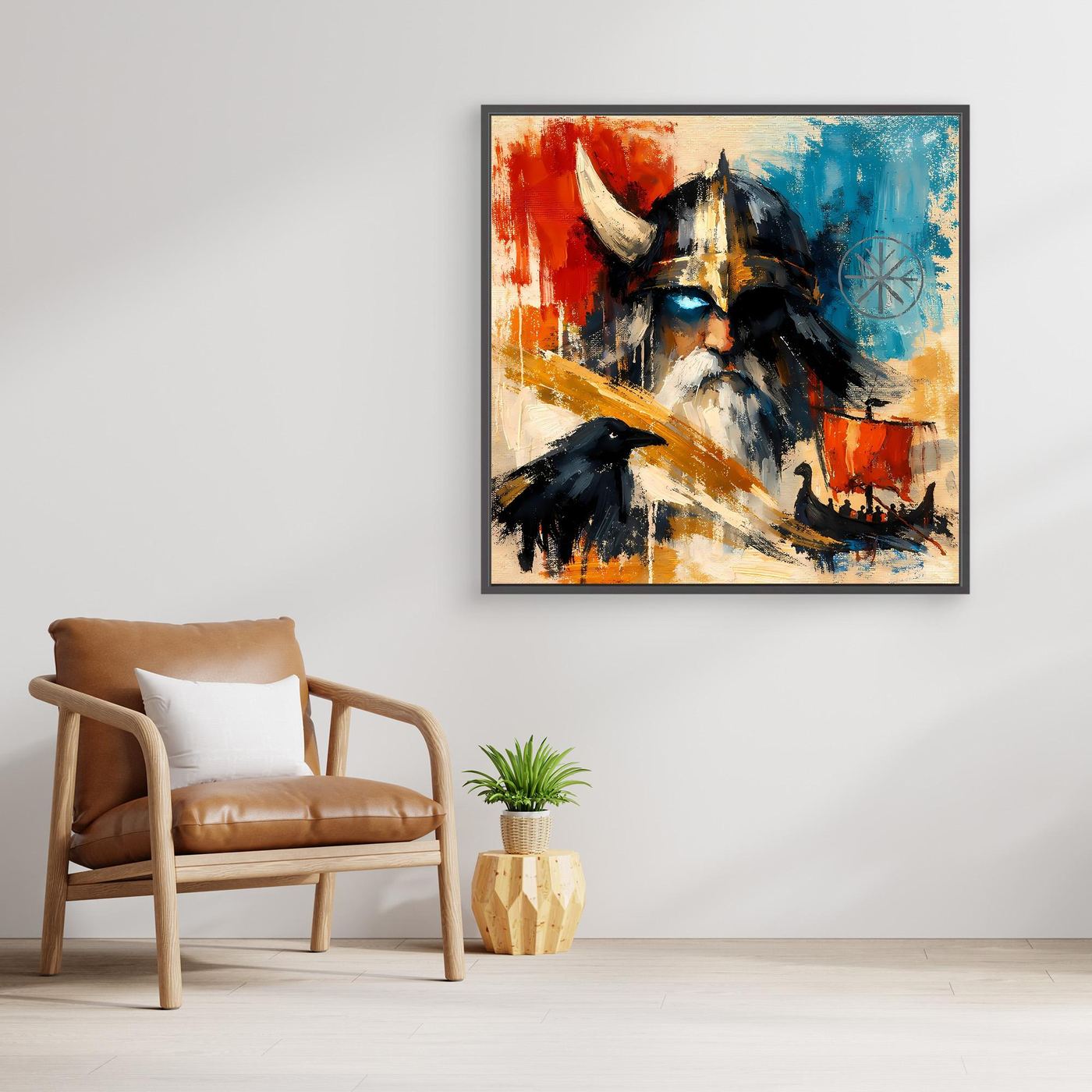 Nordic framed canvas wall art of a Viking warrior with raven, dark frame, red and blue abstract
