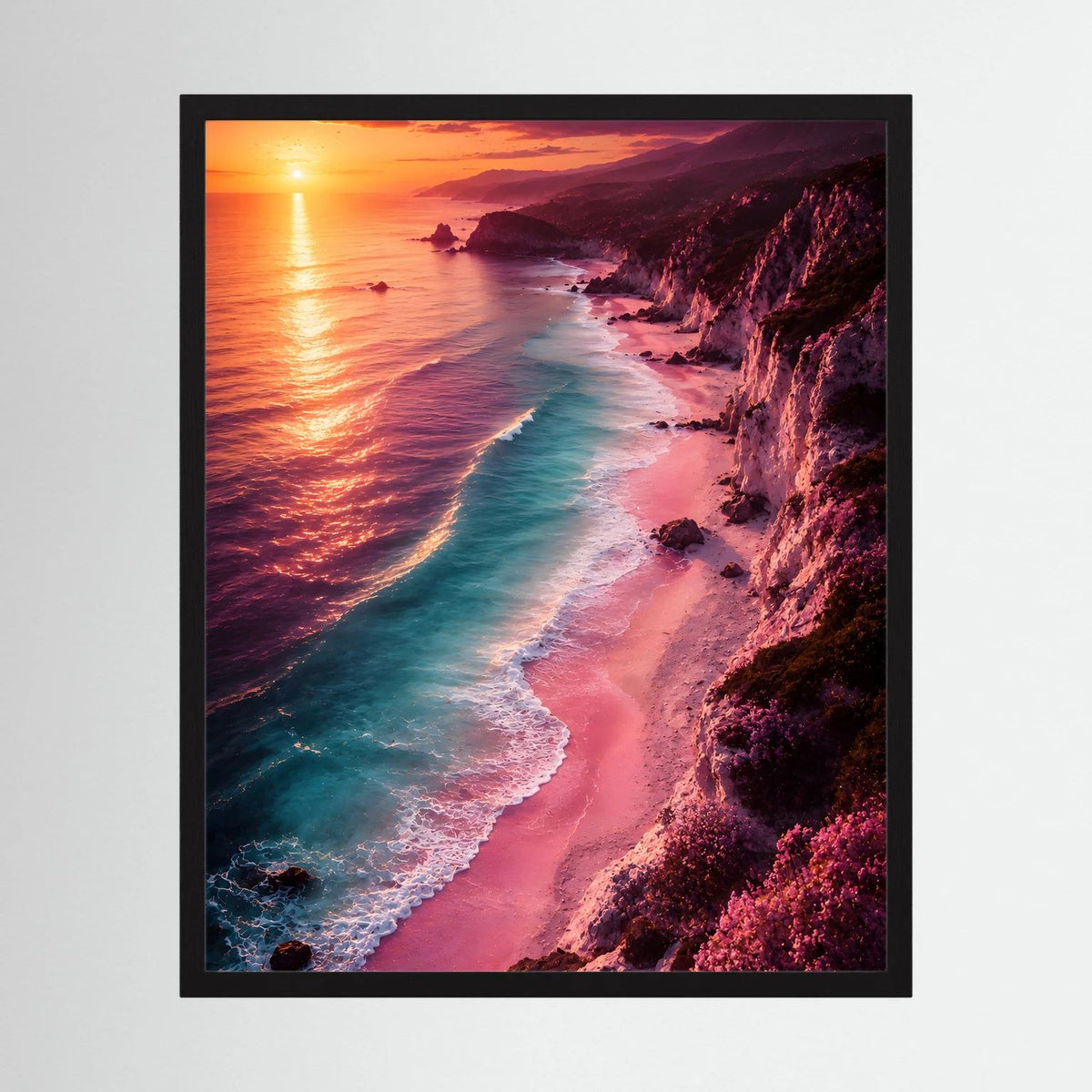 Hochformat-Poster im schwarzen Rahmen mit Küste, türkisfarbenem Meer und rosafarbenem Strand.