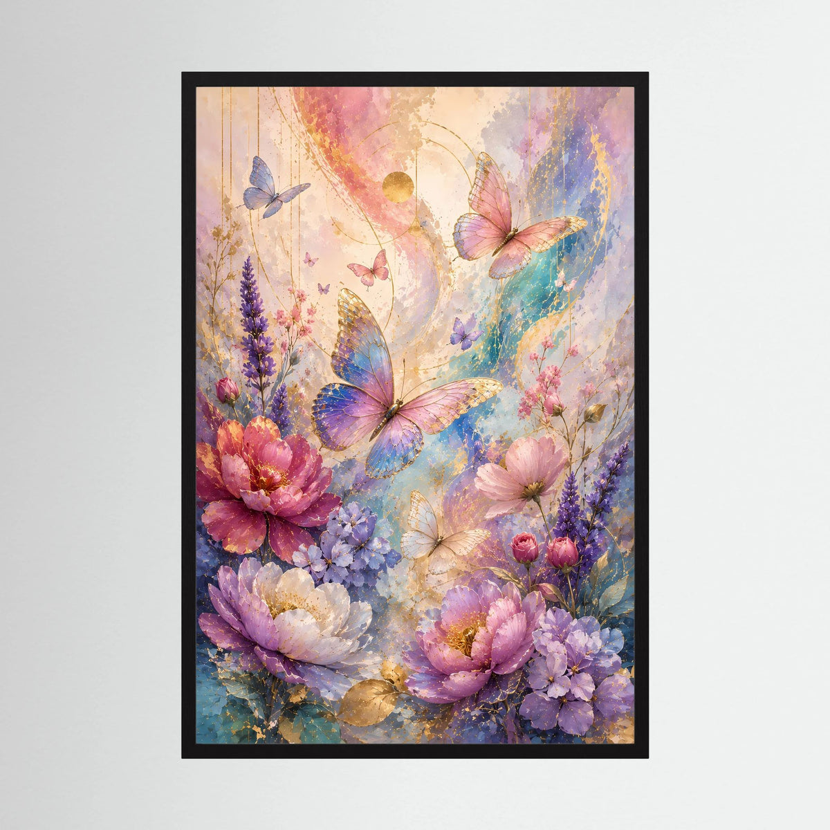 Poster mit Blumen und Schmetterlingen, im schwarzen Rahmen, Hochformat