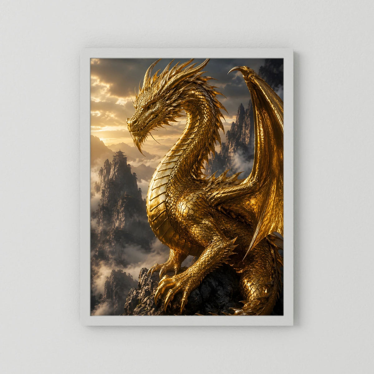 Kunstposter im Hochformat: goldener Fantasy-Drache, weißer Rand