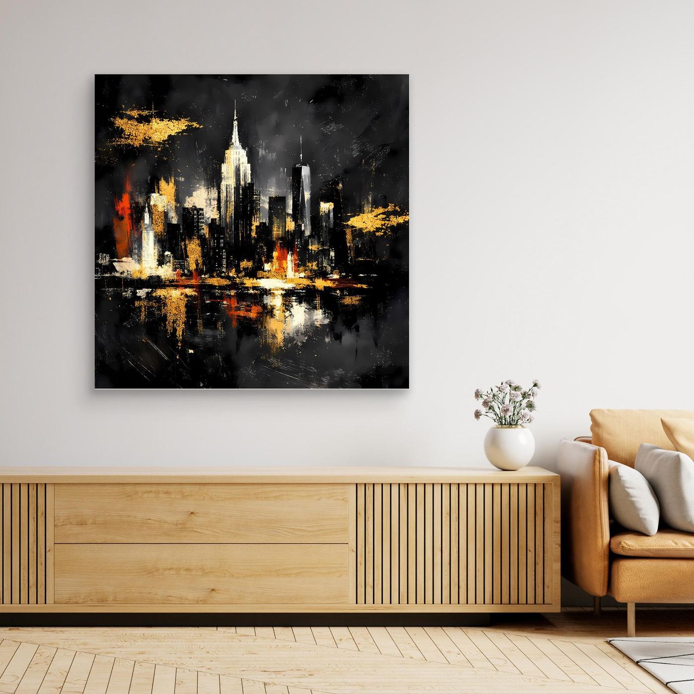 Leinwand Goldene New York Skyline bei Nacht | Abstraktes NYC Wandbild Modern
