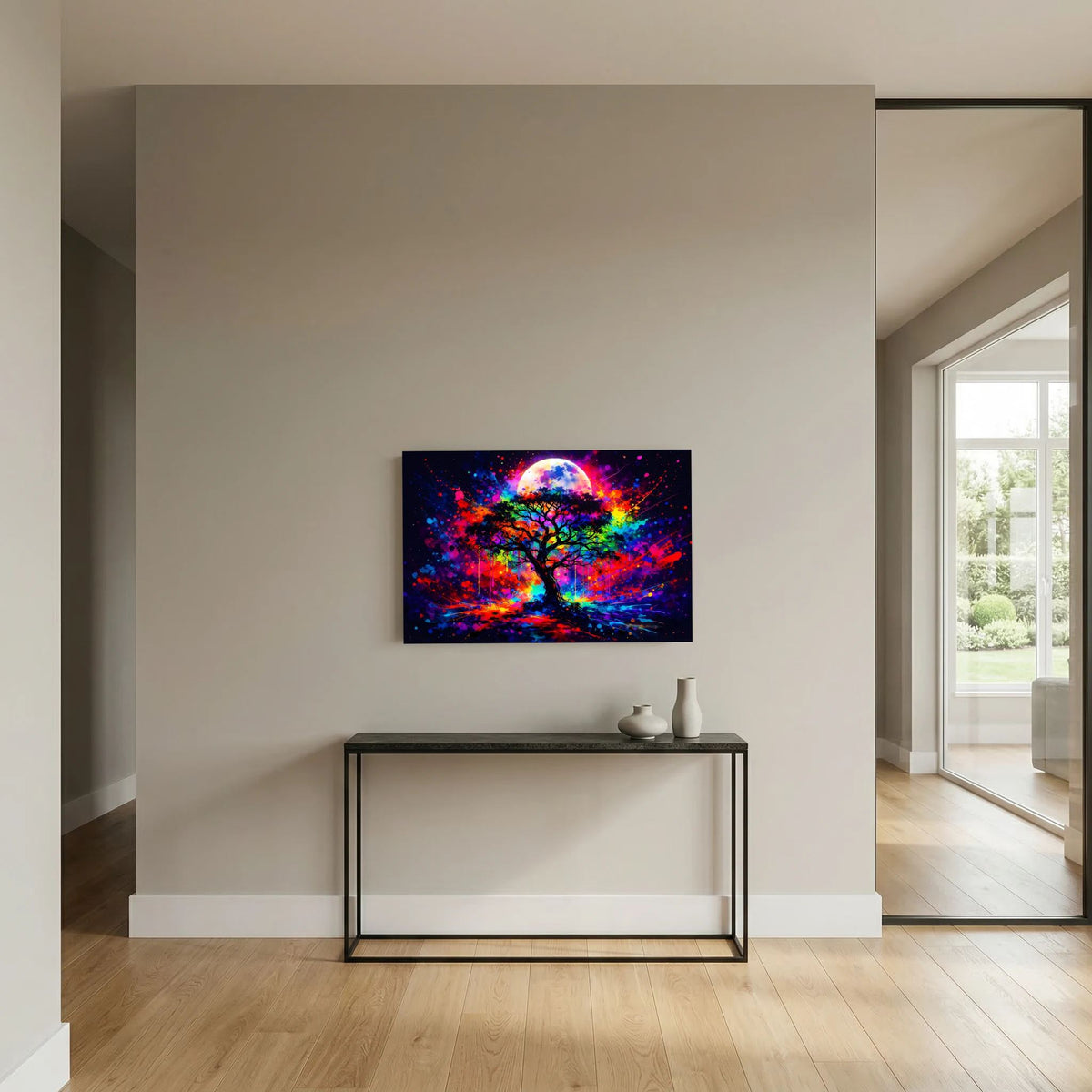 Kleines Wandbild mit Baum und Vollmond im Neon-Look, rechteckig, schwarzer Rahmen