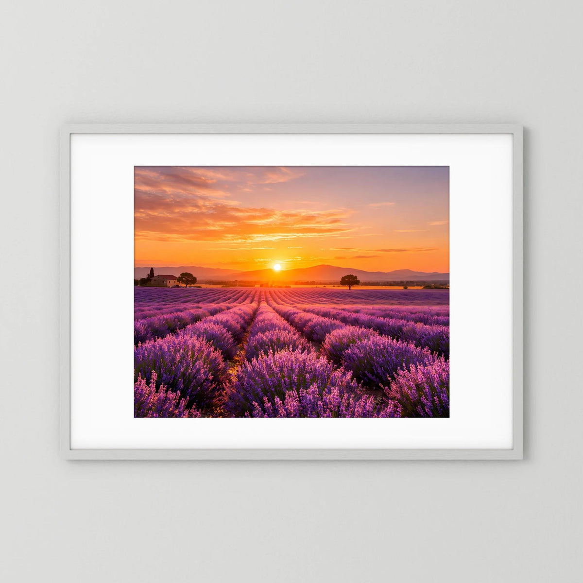 Wandbild mit Lavendelfeld bei Sonnenuntergang, weißer Rahmen, Querformat