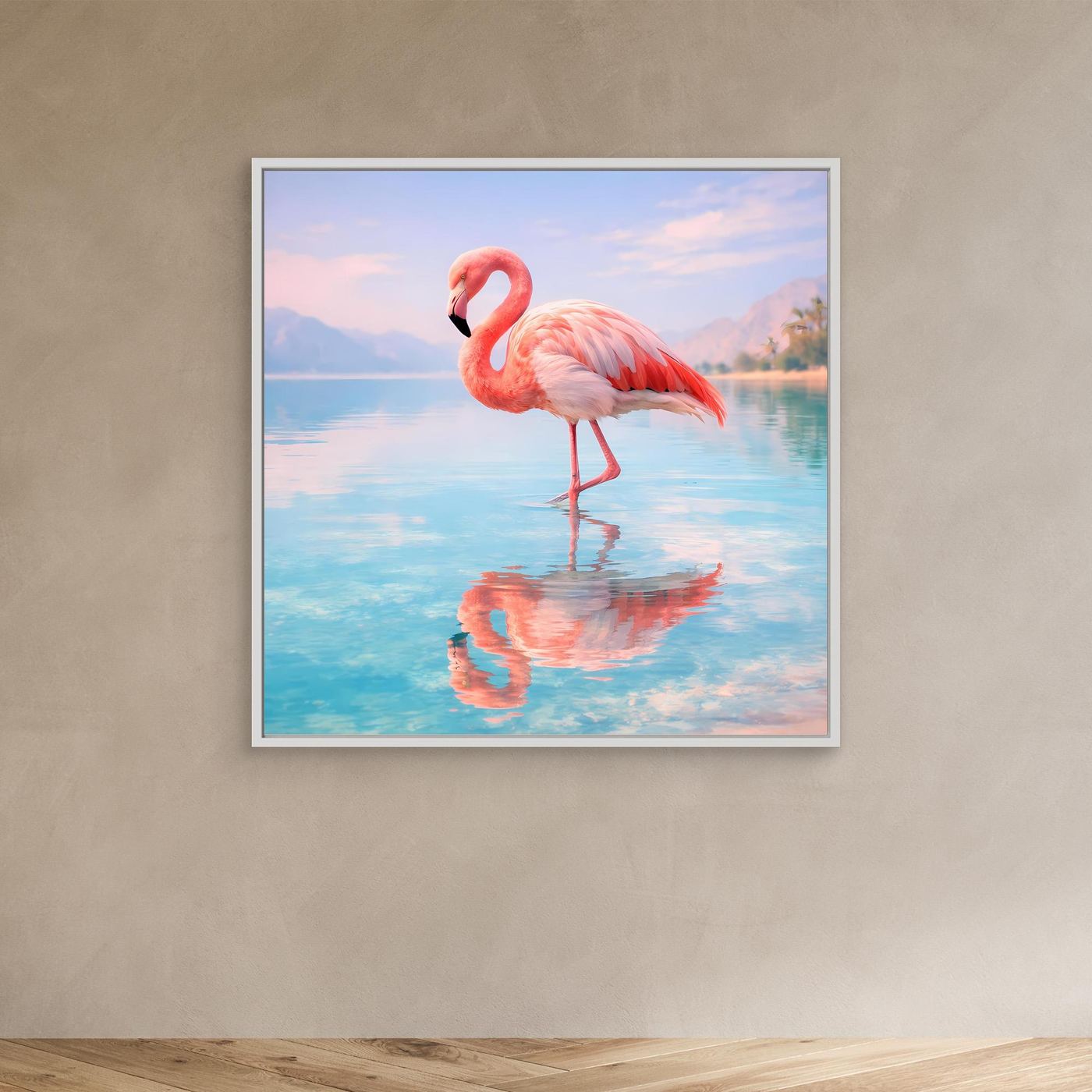 Wandbild mit Flamingo am See, weißer Rahmen