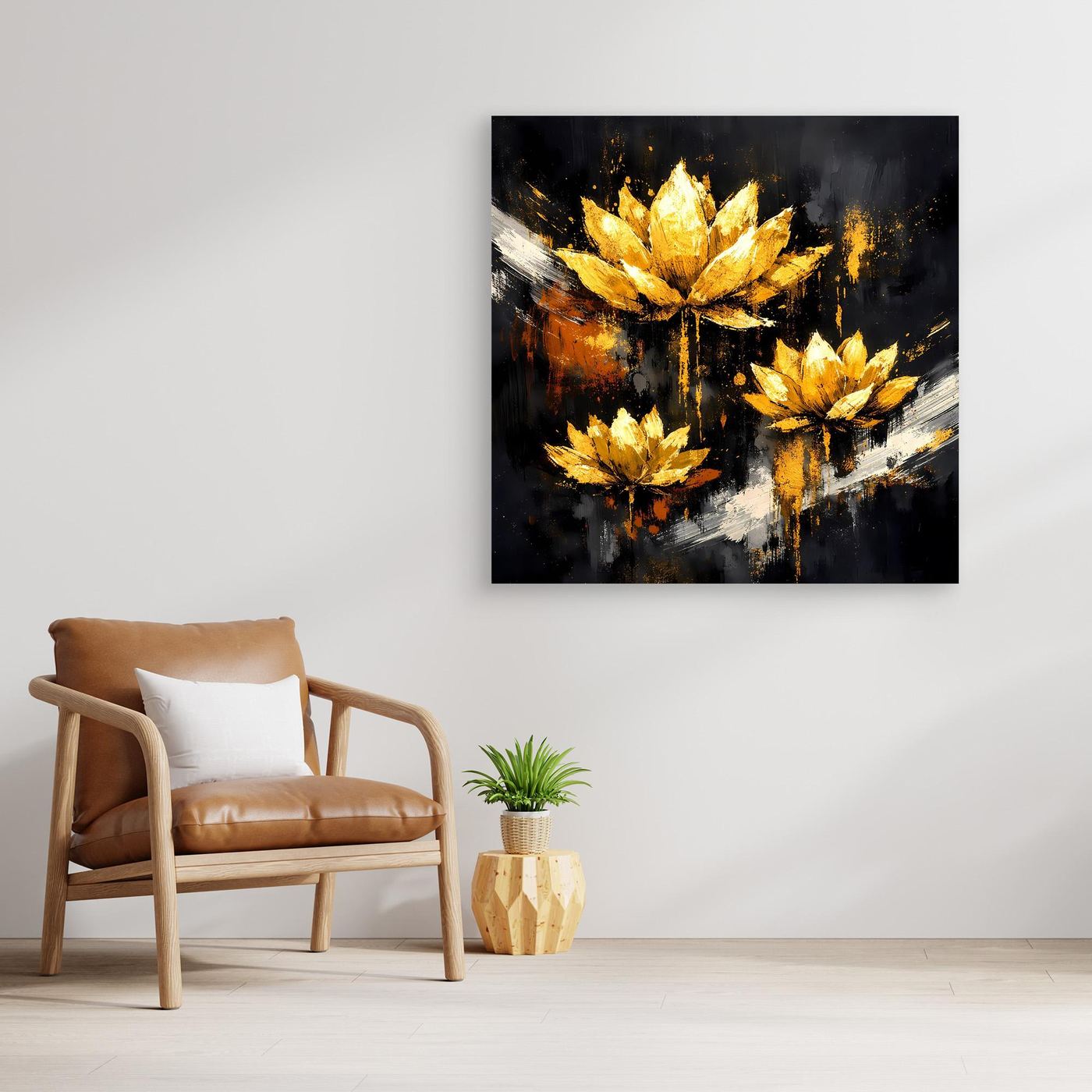 Leinwand Edle Lotusblüten in Gold und Schwarz | Modernes Florales Luxus Wandbild