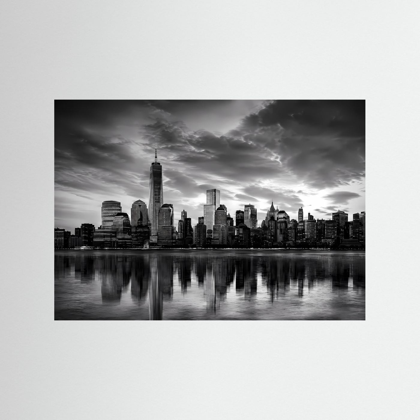 Schwarzweiß-Stadtpanorama als Poster mit Skyline und Spiegelung, schwarzer Rahmen
