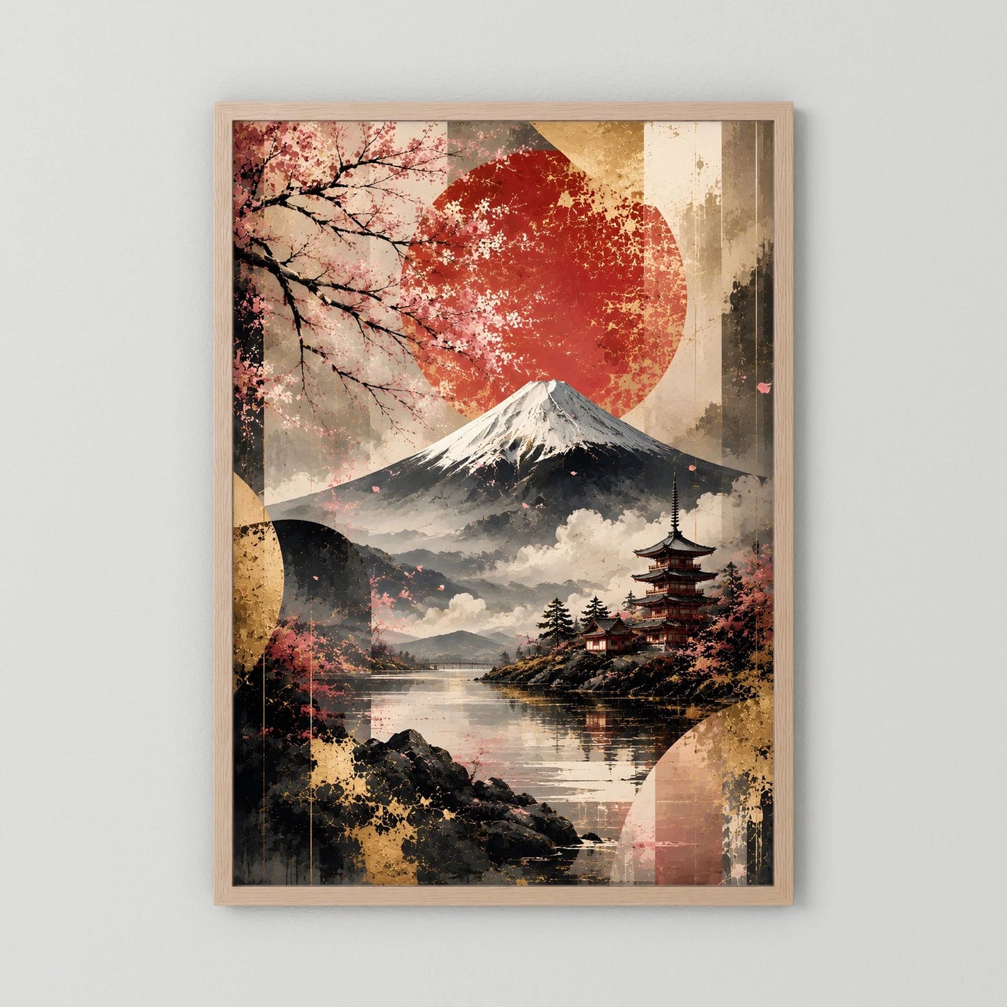Hochformatiges Poster mit Fuji und roter Sonne, japanische Landschaft im hellen Holzrahmen