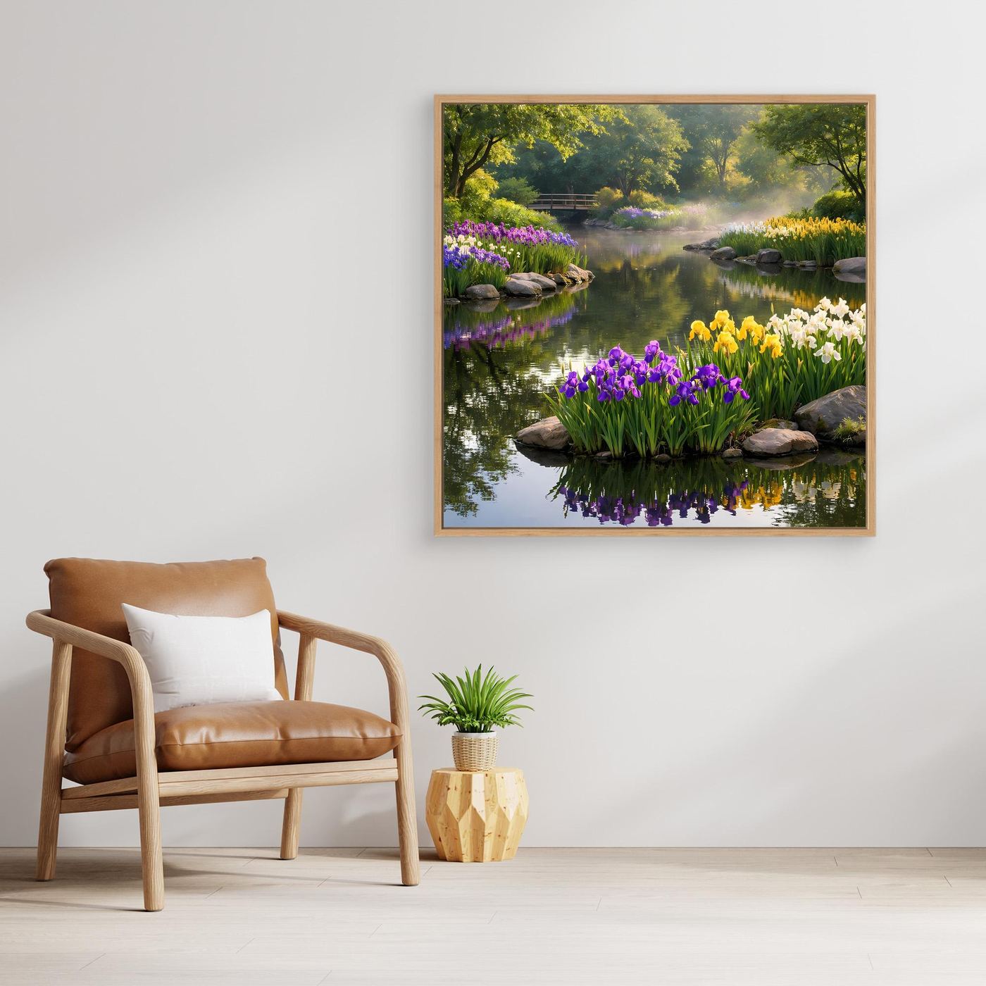 Leinwandbild mit blühendem Irisgarten am Teich, Steineinfassung und Spiegelbildern