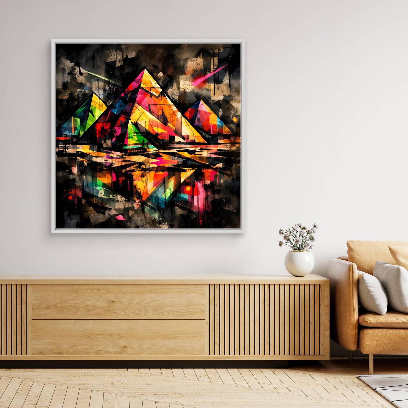 Leinwandbild mit bunten Pyramiden im Street-Art-Stil, weißer Rahmen