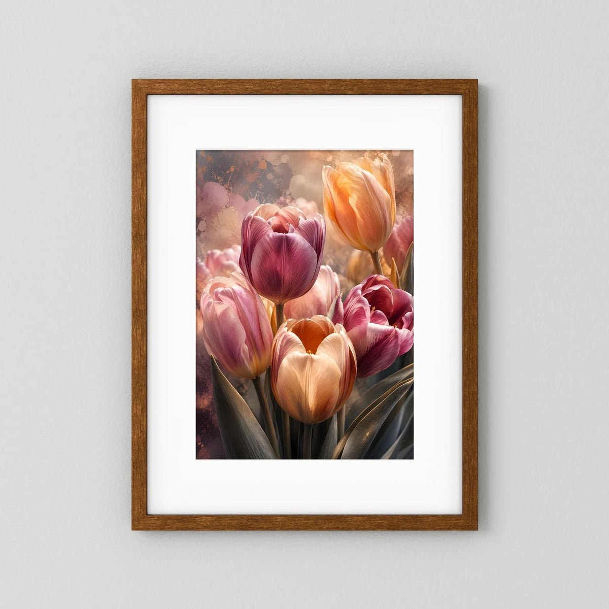 Tulpenposter im dunklen Holzrahmen mit weißem Passepartout, rosa und apricot.