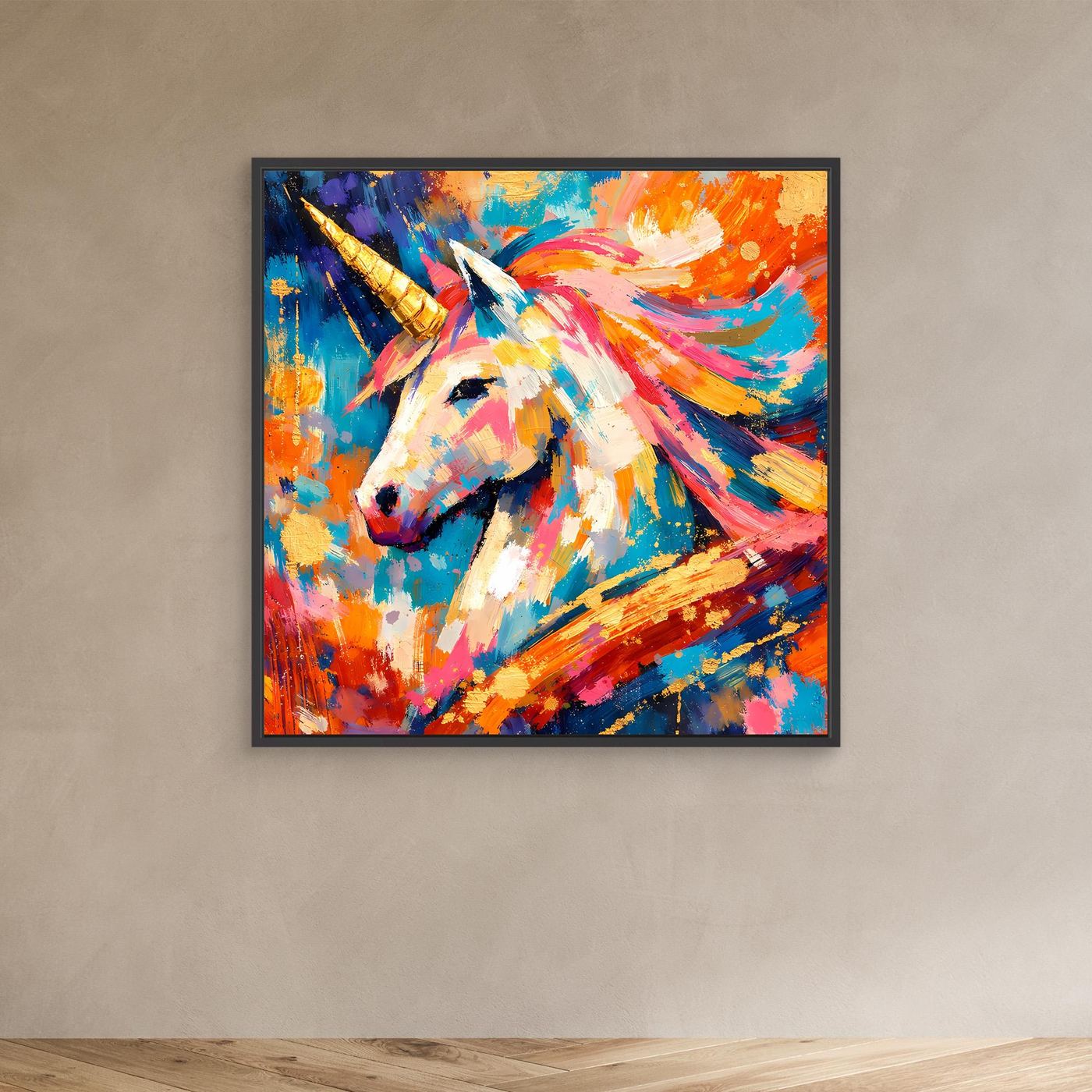 Leinwandbild mit abstraktem Einhorn, goldenes Horn, bunte Pinselstriche, schwarzer Rahmen