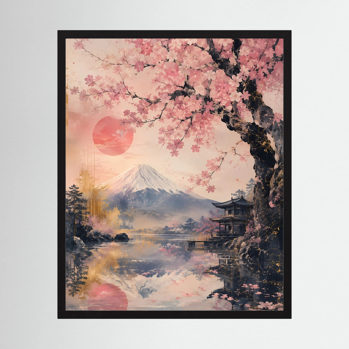 Poster mit Kirschblüten- und Fuji-Landschaft, rosa und goldfarben, im schwarzen Rahmen.