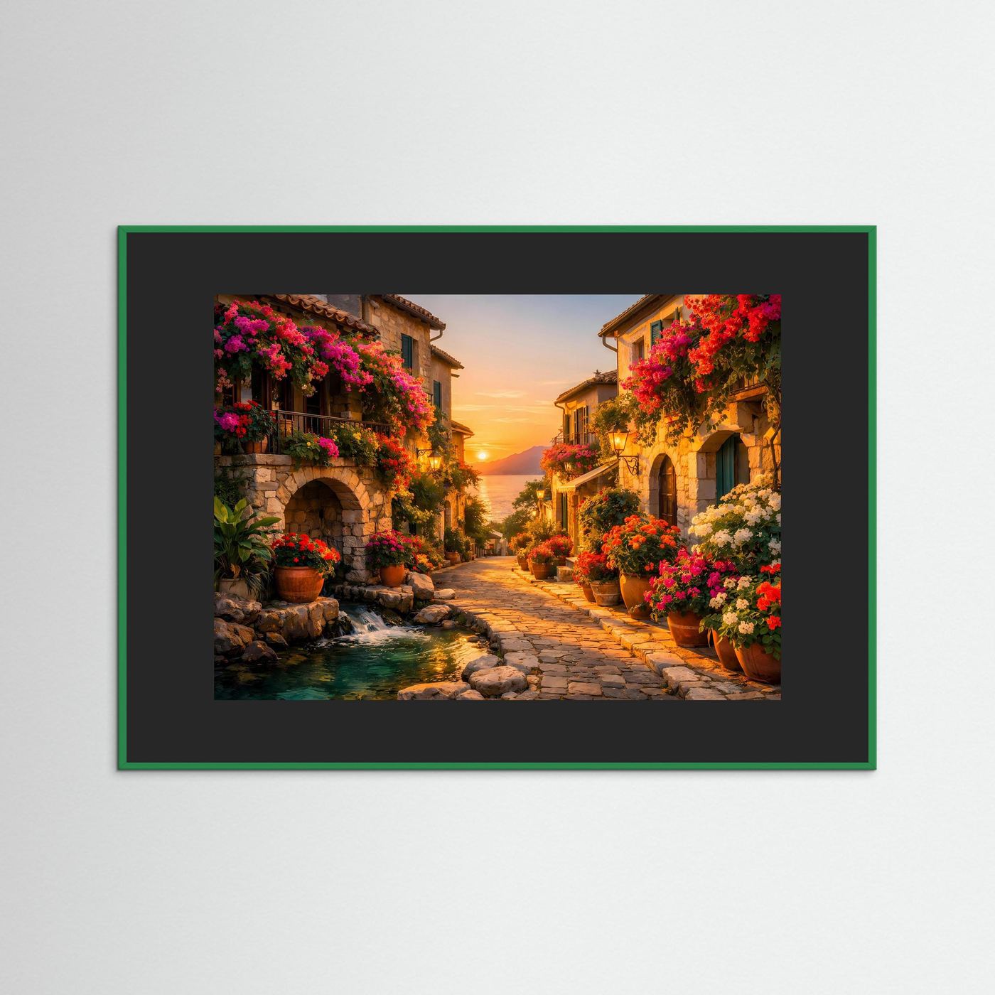 Wandposter: Blumen-Gasse im Abendlicht, grüner Rahmen, schwarze Umrandung.