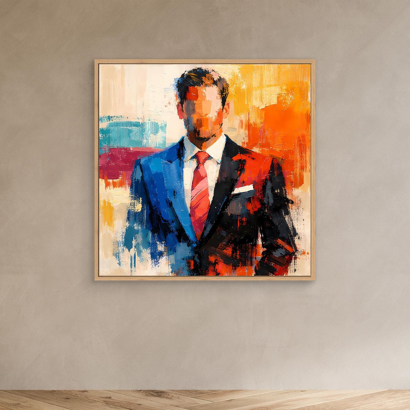 Framed abstract business wall art with light wood frame, elegant man in blue/black suit