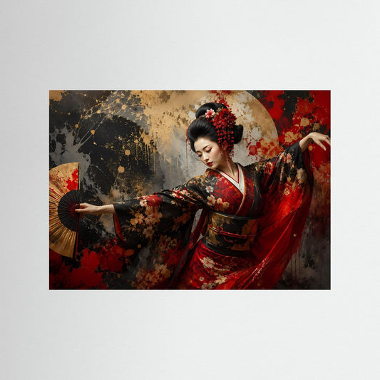 Poster mit tanzender Geisha und rotem Fächer im Querformat.