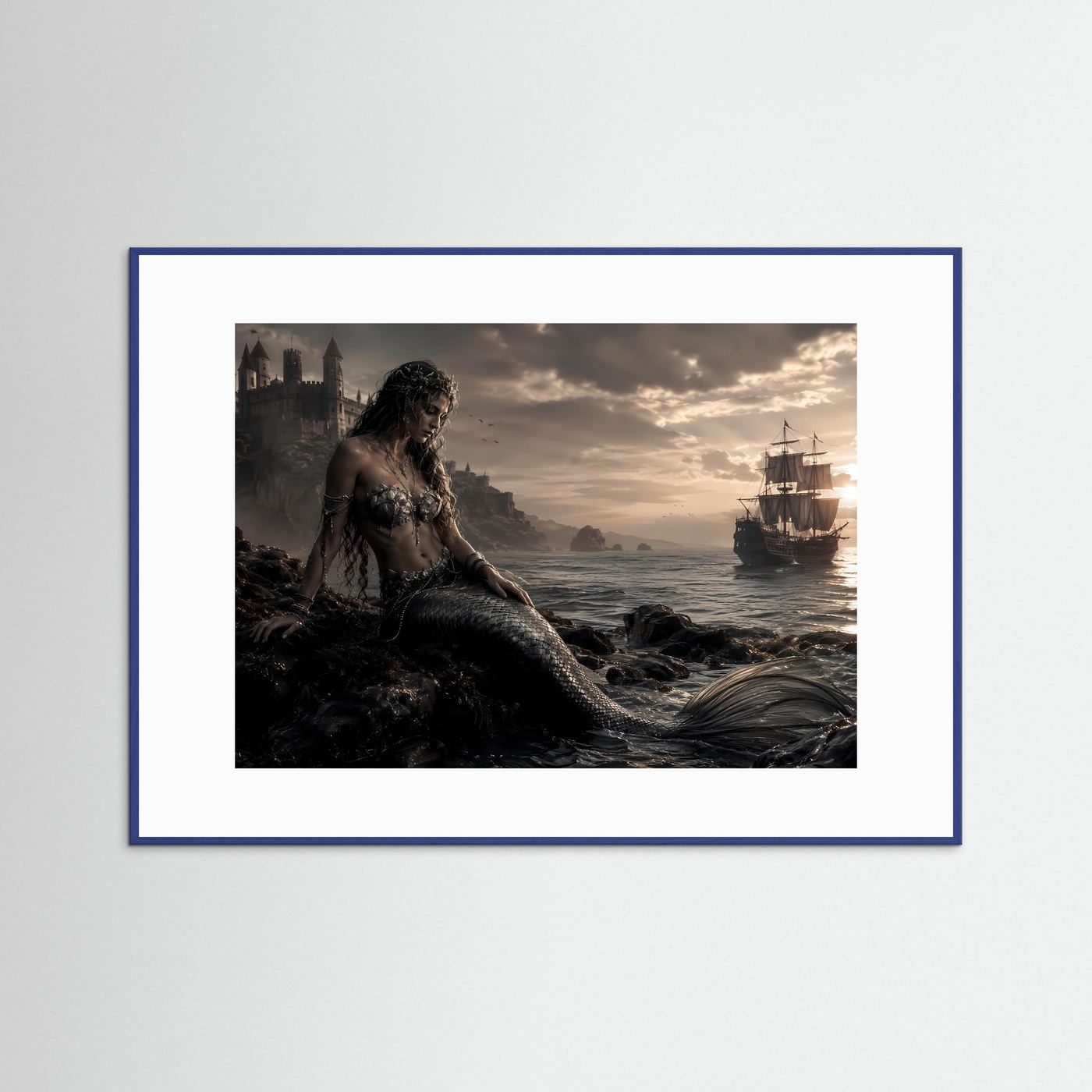 Wandbild mit Meerjungfrau am Strand und Segelschiff, dunkel gerahmt in Blau