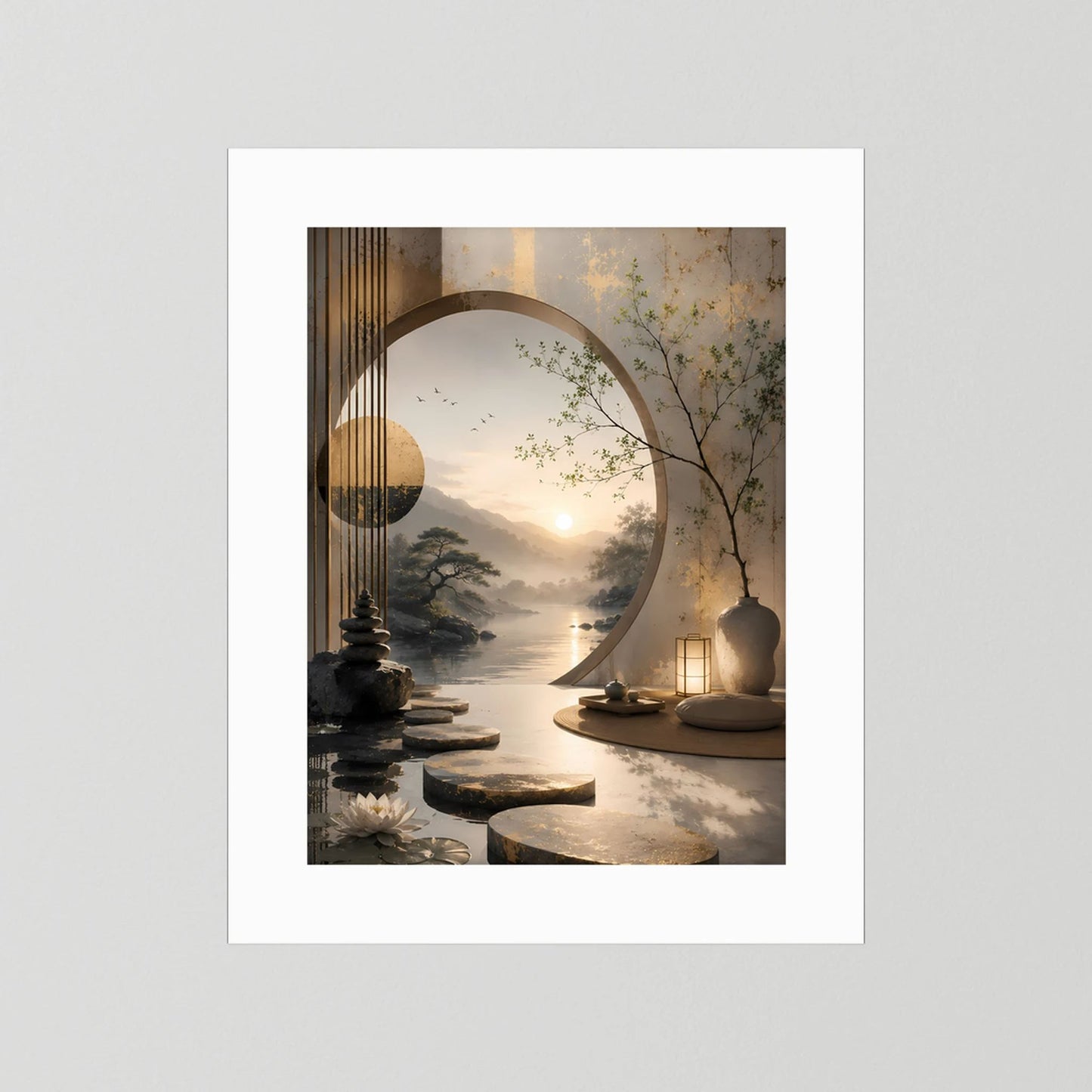 Poster ohne Rahmen mit weißem Passepartout und asiatischer Landschaft mit goldener Sonne