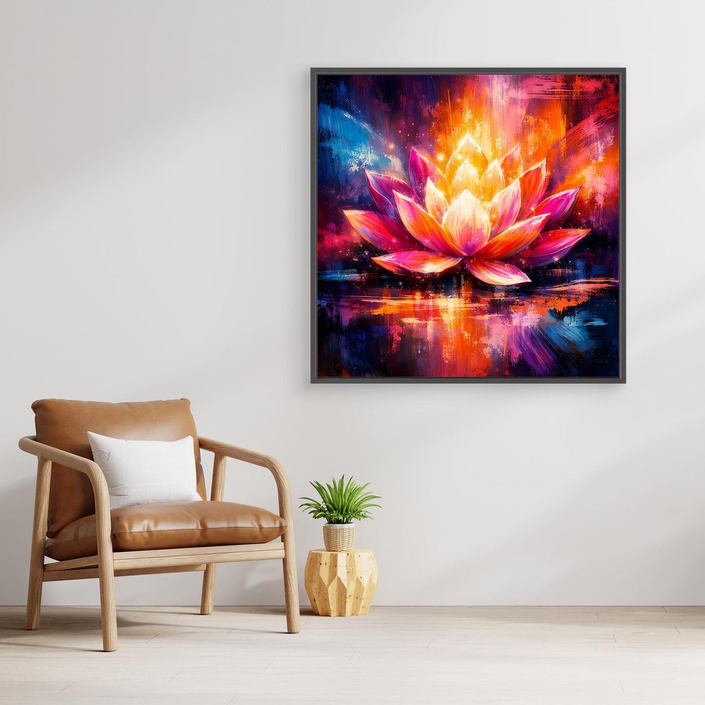 Wandbild mit abstrakter Lotusblüte, bunte Farben, dunkler Rahmen