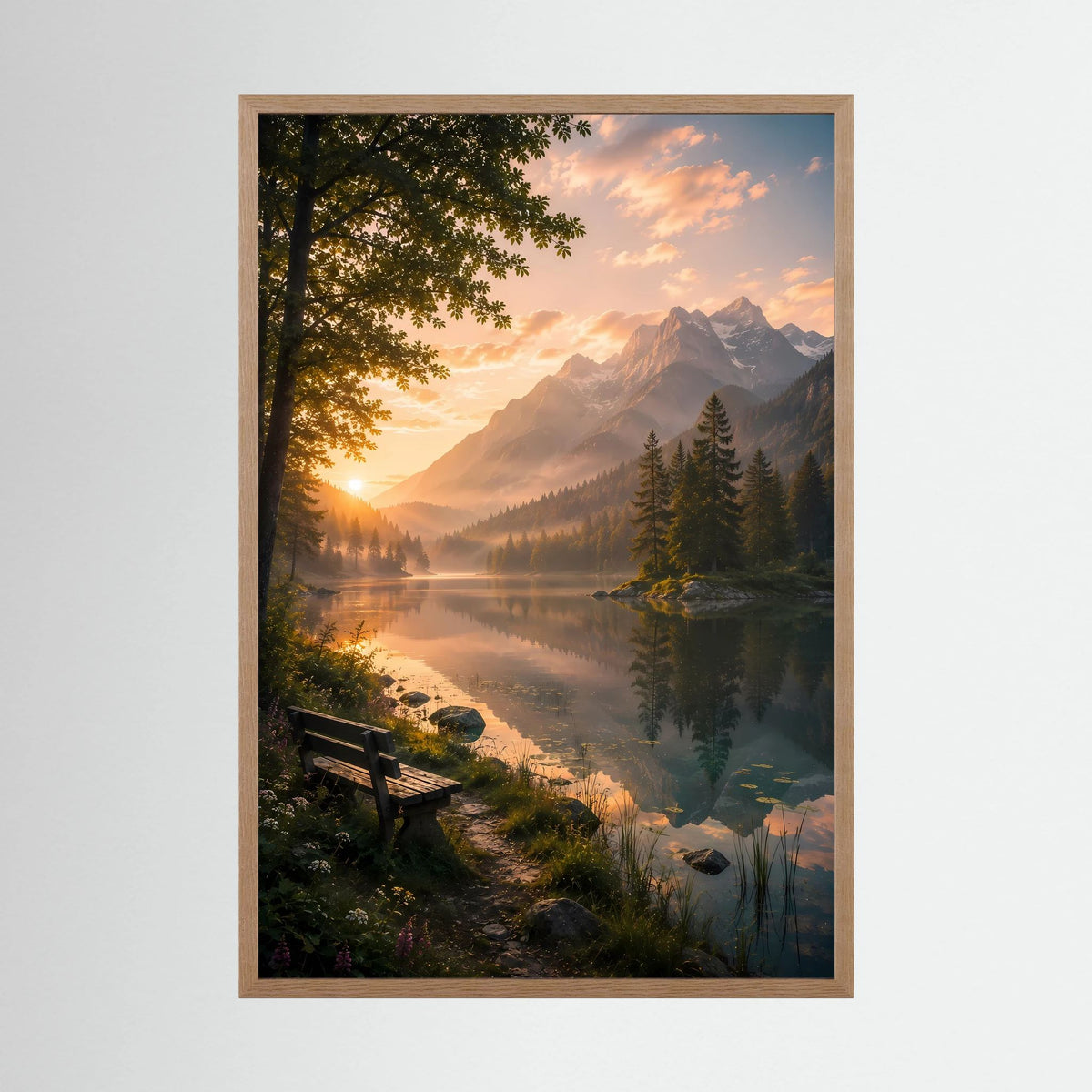 Bergsee im Sonnenuntergang | Ruhige Alpenlandschaft mit Sitzbank | Poster Hochformat