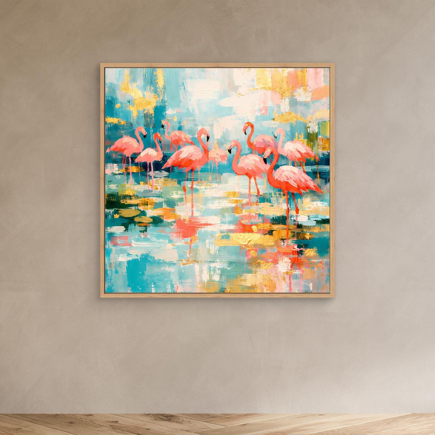 Leinwandbild mit Flamingos auf abstraktem See im Eichenrahmen