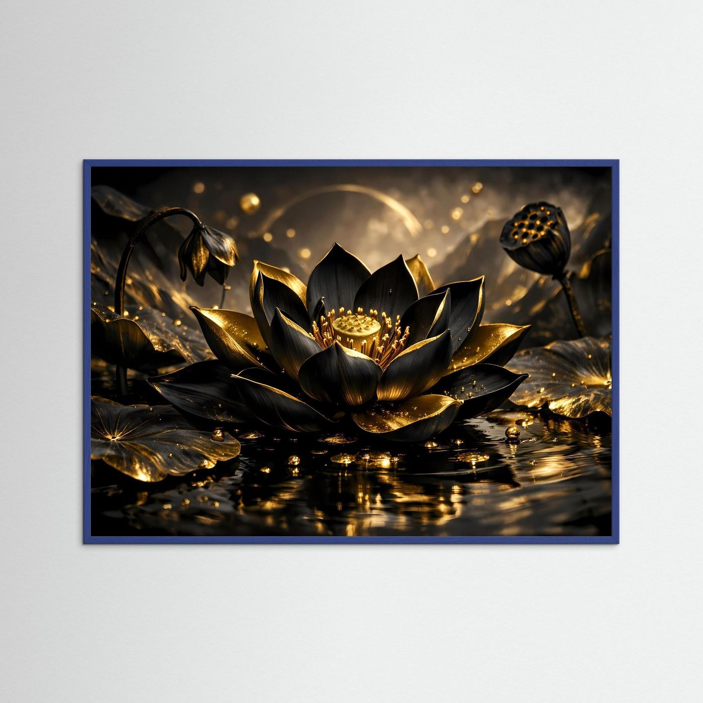 Lotusblüten-Wandbild Querformat, schwarze und goldene Lotusblüte, blauer Rahmen