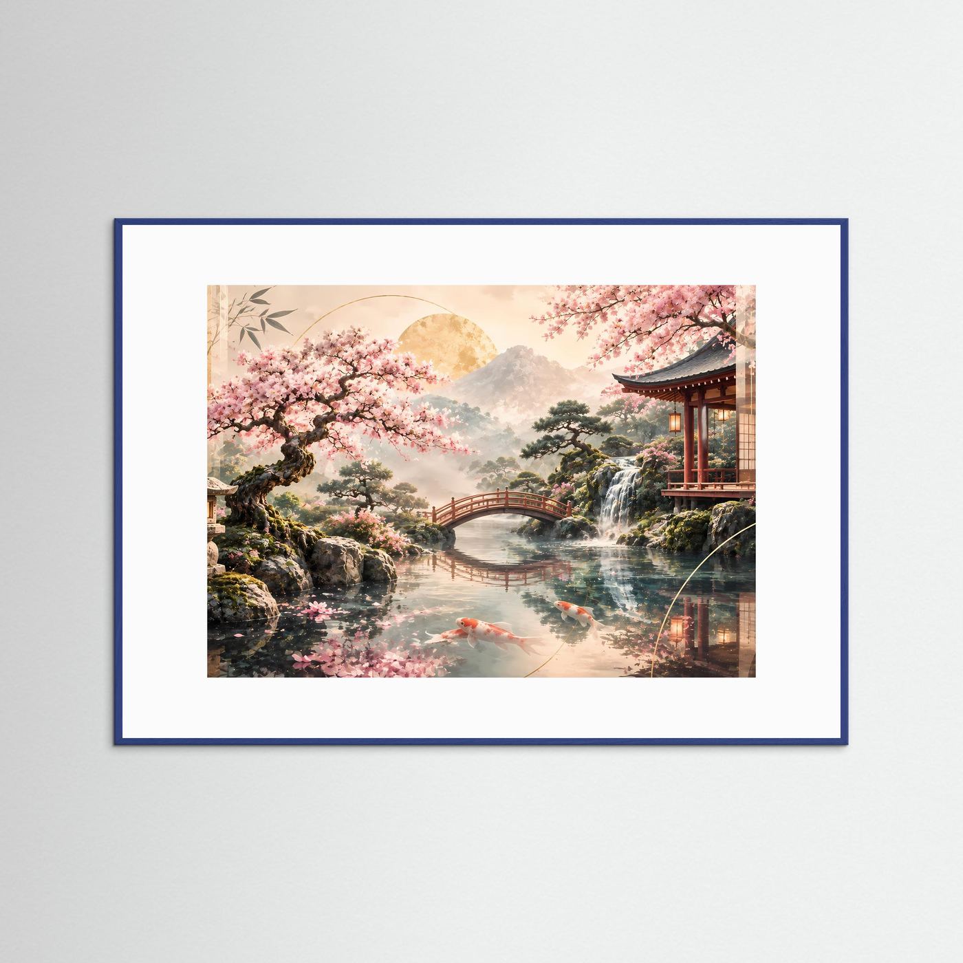 Japanisches Zen-Garten-Poster mit Kirschblüten, Tempel, Wasser und Koi, blauer Holzrahmen