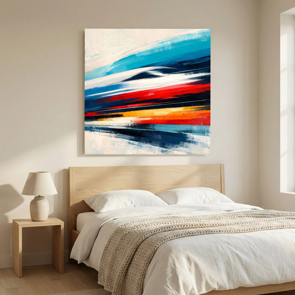 Abstraktes Leinwandbild mit blauen, roten und dunklen Pinselstrichen auf weißer Leinwand