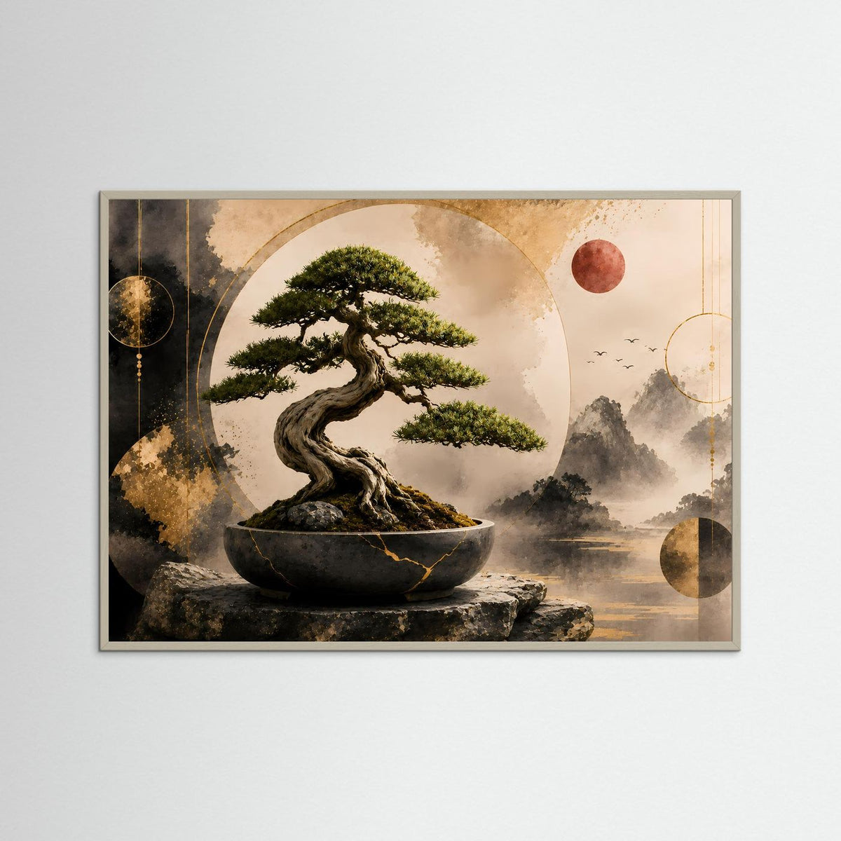 Poster im grauen Rahmen mit Bonsai-Baum in dunkler Schale, Zen-Gold-Optik