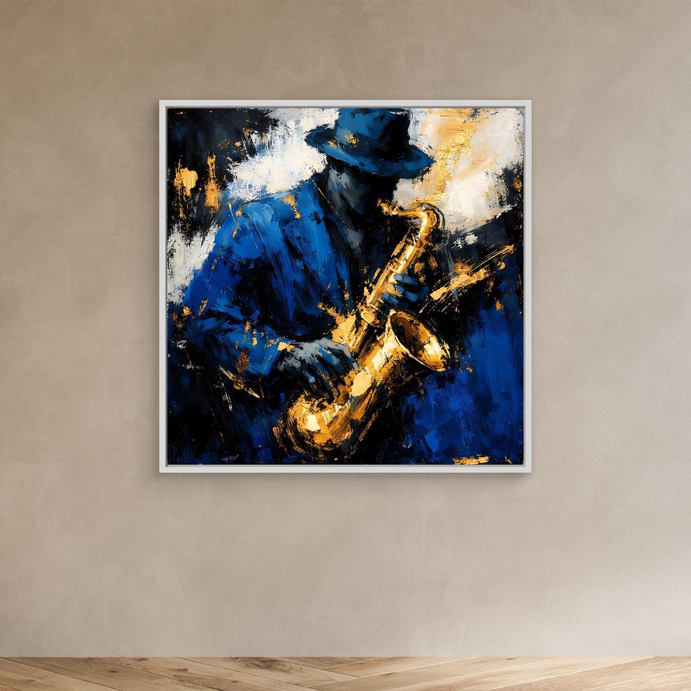 Leinwand Eleganter Jazz-Saxophonist in Blau und Gold | Abstraktes Musik Wandbild