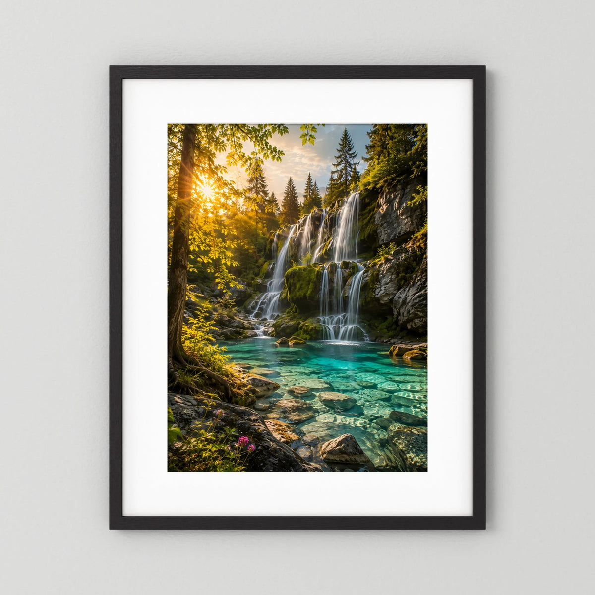 Wasserfall-Poster mit schwarzem Rahmen, türkisfarbenes Wasser und Wasserfall im Wald