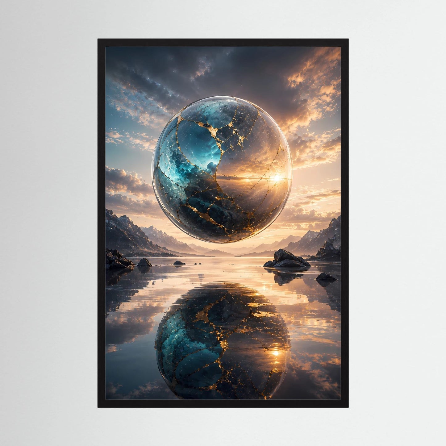 Hochformat-Poster mit schwebender Erdkugel in Blau und Gold, Spiegelung im Wasser, schwarzer Rahmen