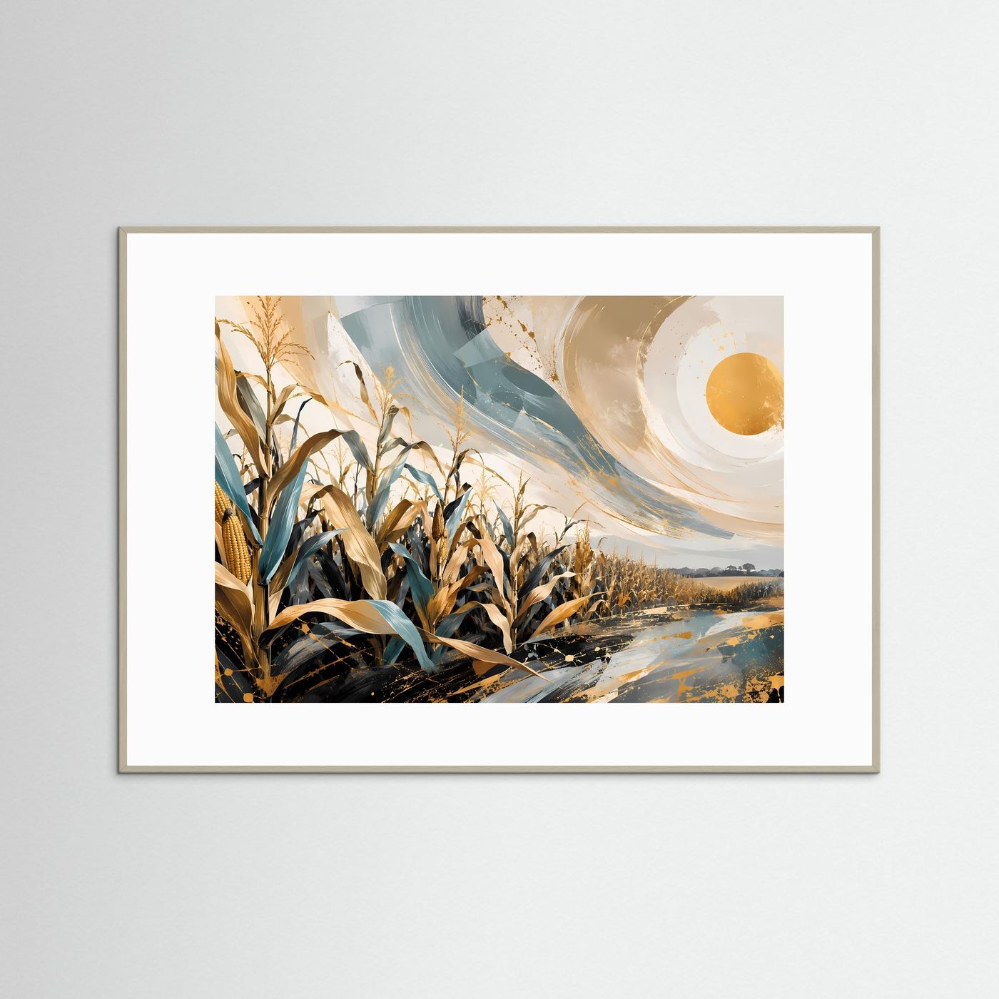Maisfeld Poster | Abstrakte Landschaft Wandbild | Gold Blau Naturkunst | Modernes Feld Panorama | Eleganter Kunstdruck