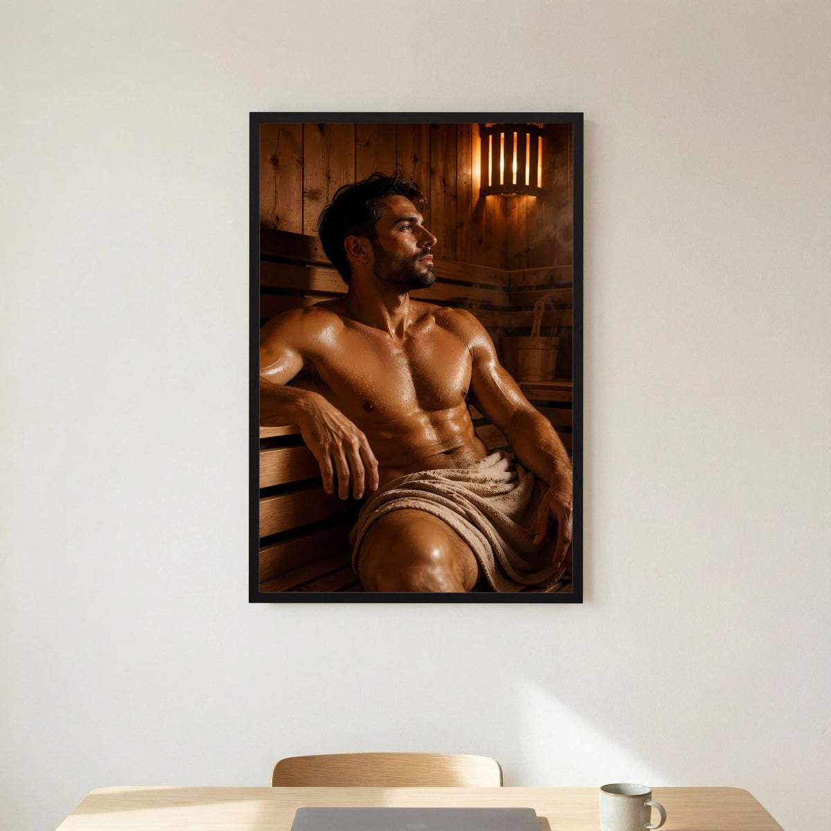 Sauna-Poster mit sitzendem Mann, schwarz gerahmt, Holzinnenraum mit Lichtleisten