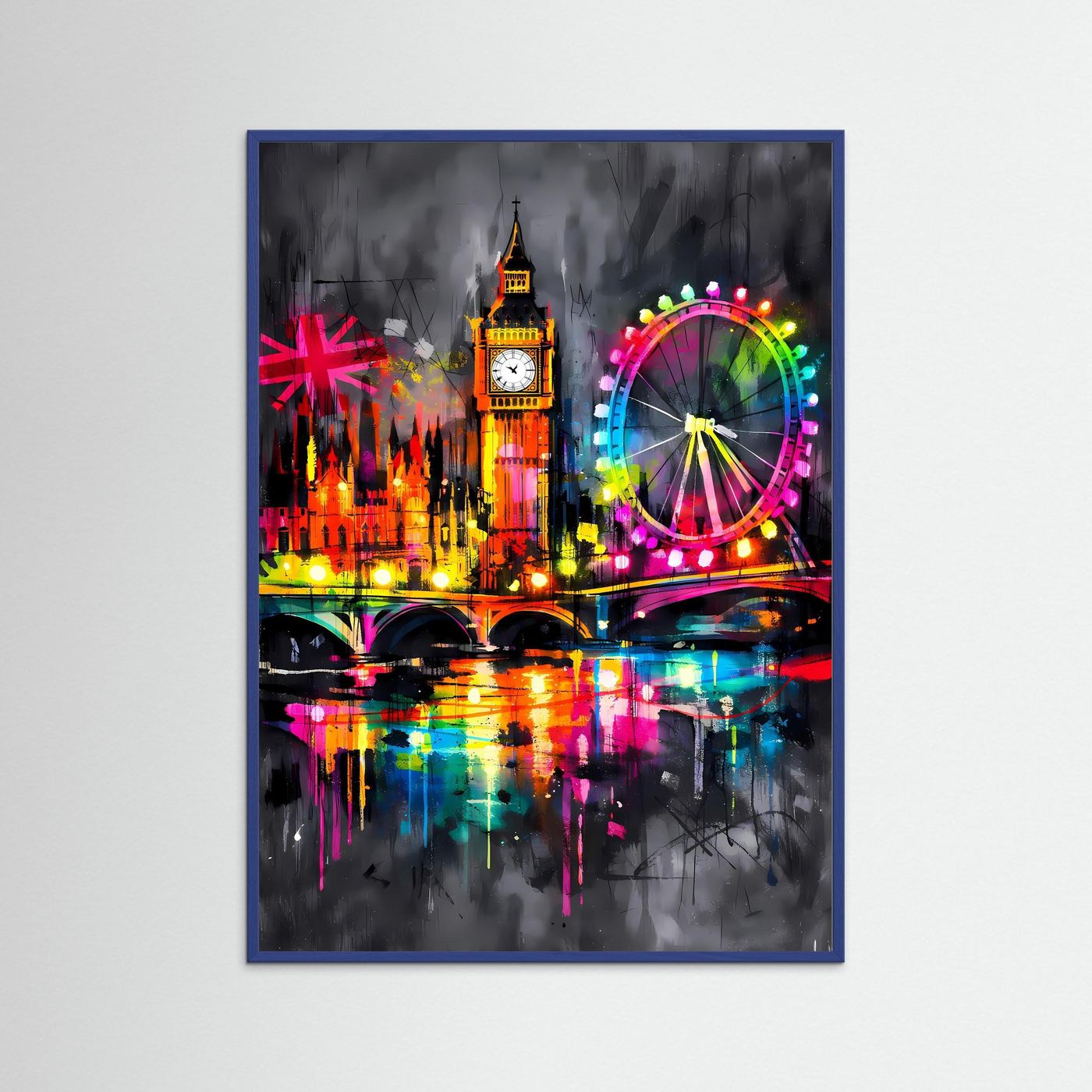 Die Lichter der Themse | Neon London Poster mit Big Ben & London Eye | Abstraktes Skyline Kunstposter Hochformat