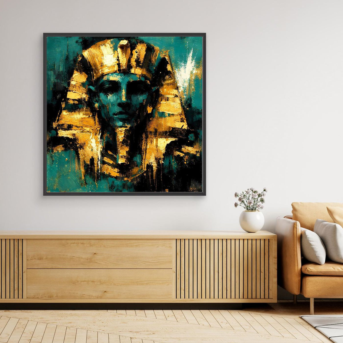 Gerahmtes Wandbild mit Pharao-Porträt: Türkis und Gold, schwarzer Rahmen