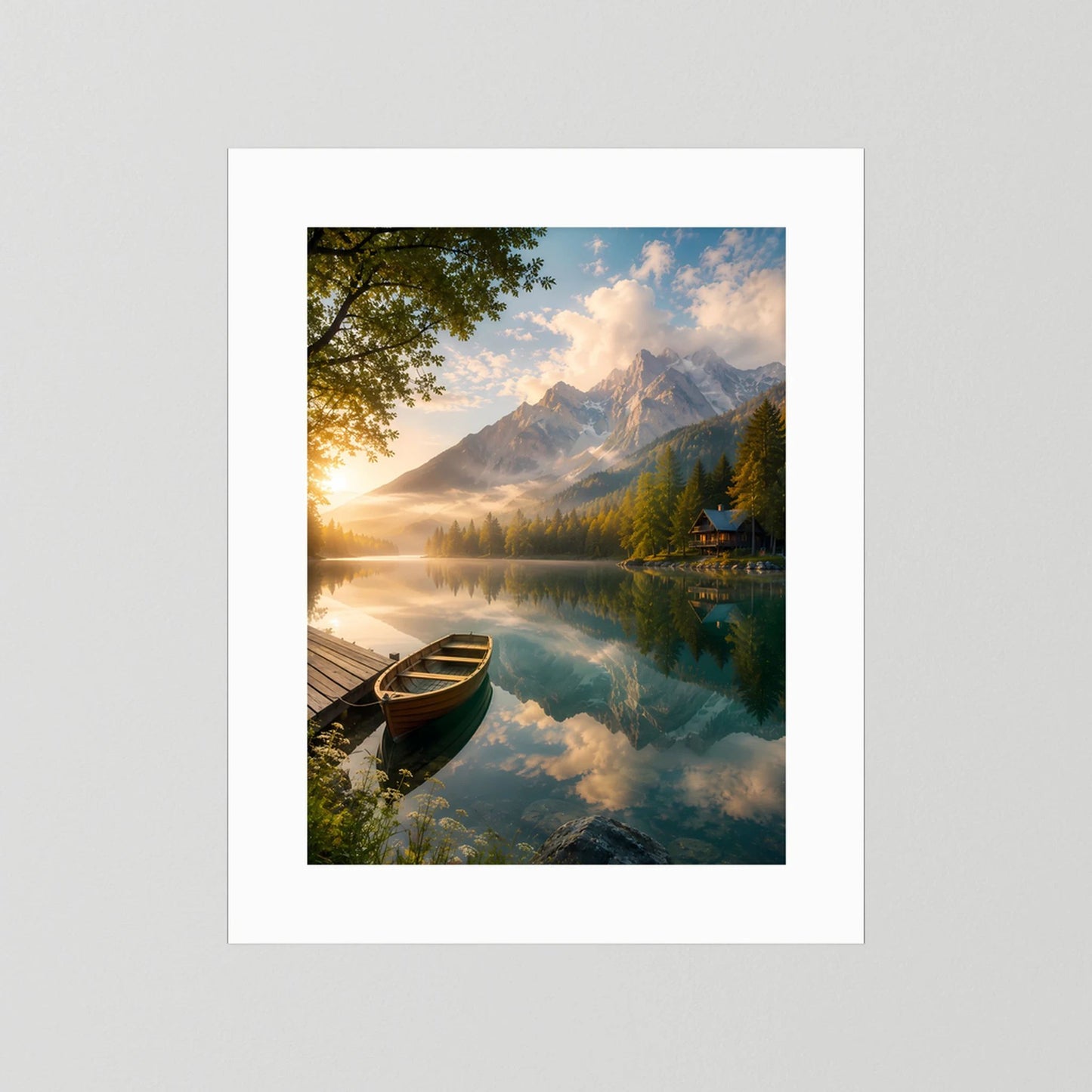 Kunstposter mit Bergsee und Holzboot, weißer Rand