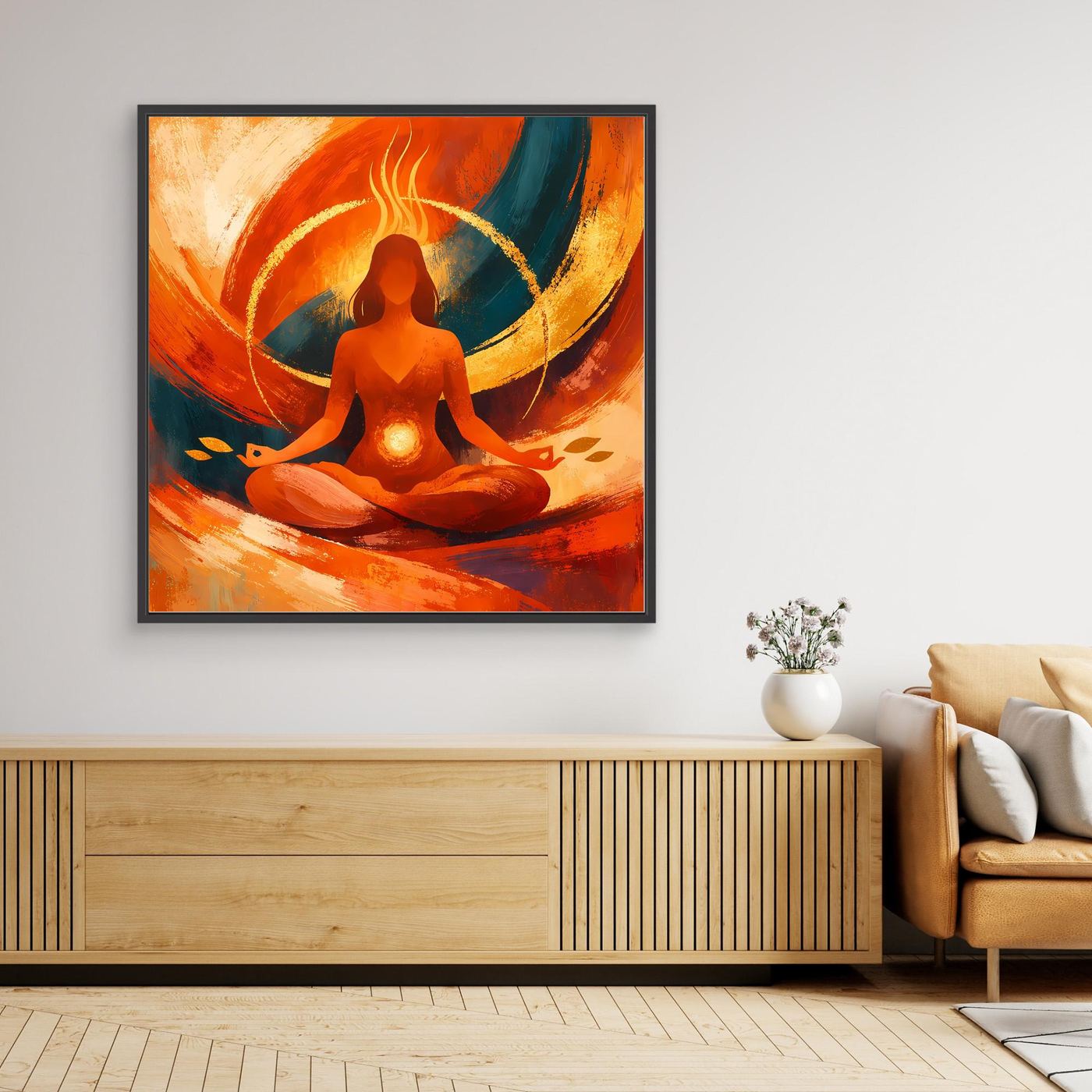 Gerahmtes Leinwandbild: Meditationssilhouette, abstraktes Orange, schwarzer Rahmen