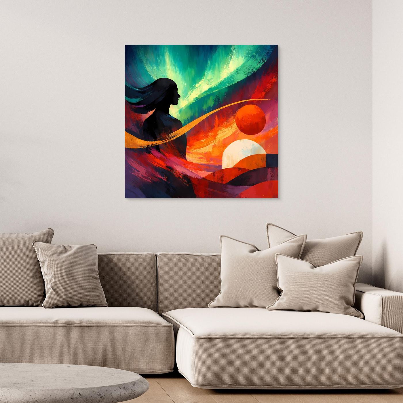 Buntes abstraktes Polarlicht-Leinwandbild mit Schattenfigur und leuchtenden Kurven in Grün, Orange, Rot.