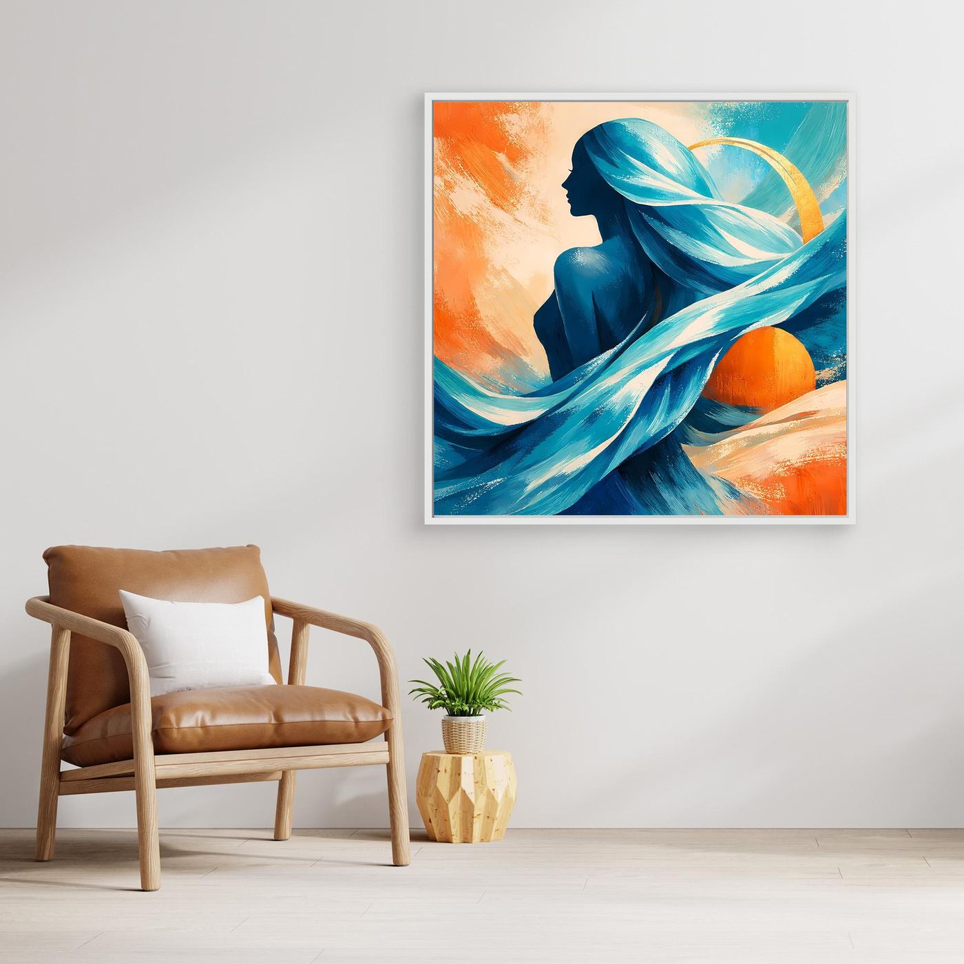 Gerahmtes Leinwandbild mit Silhouette im Profilstil, blaue Tuchbahnen, orangefarbene Highlights