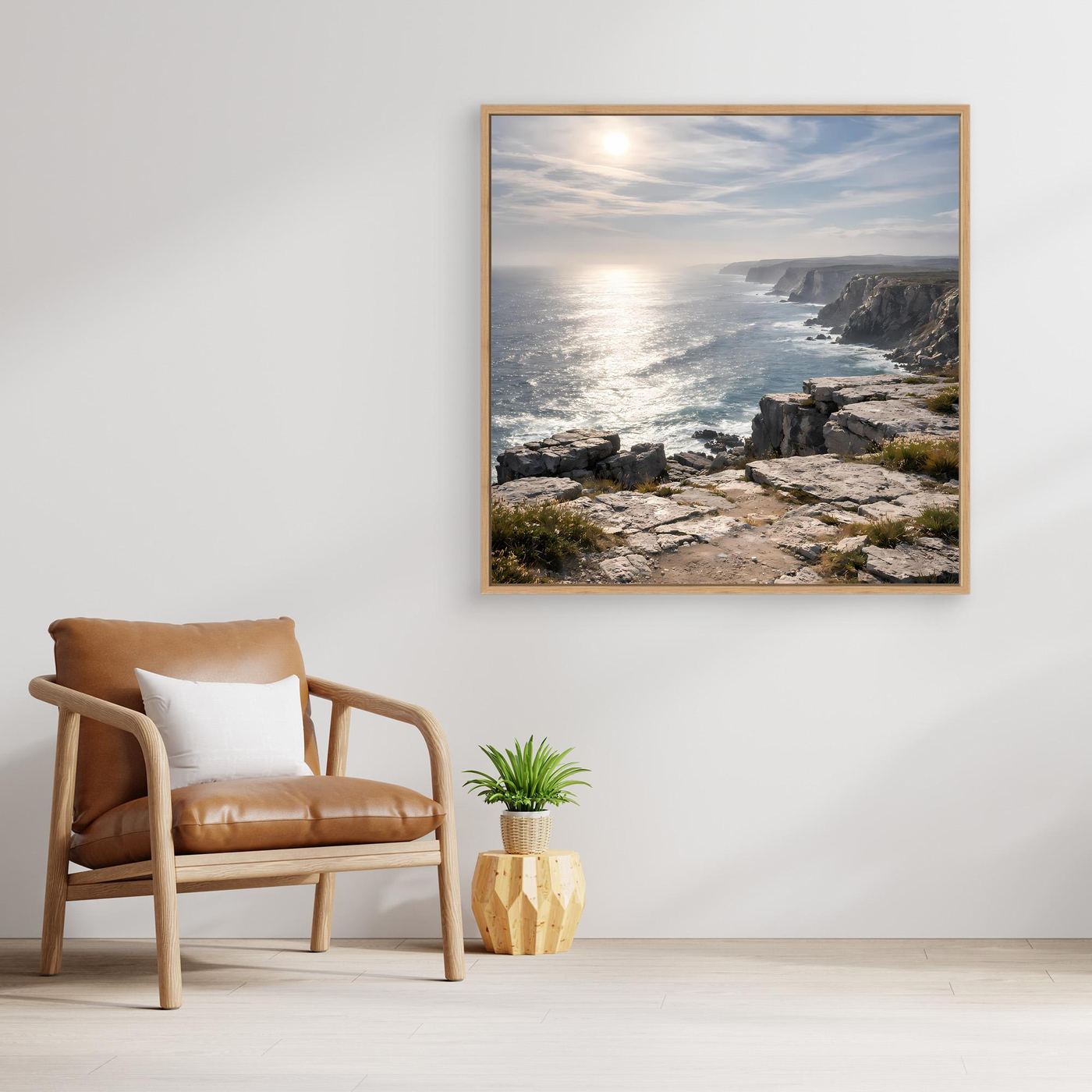 Leinwandbild mit steiler Küste, Meer und Klippen, Holzrahmen in Eiche